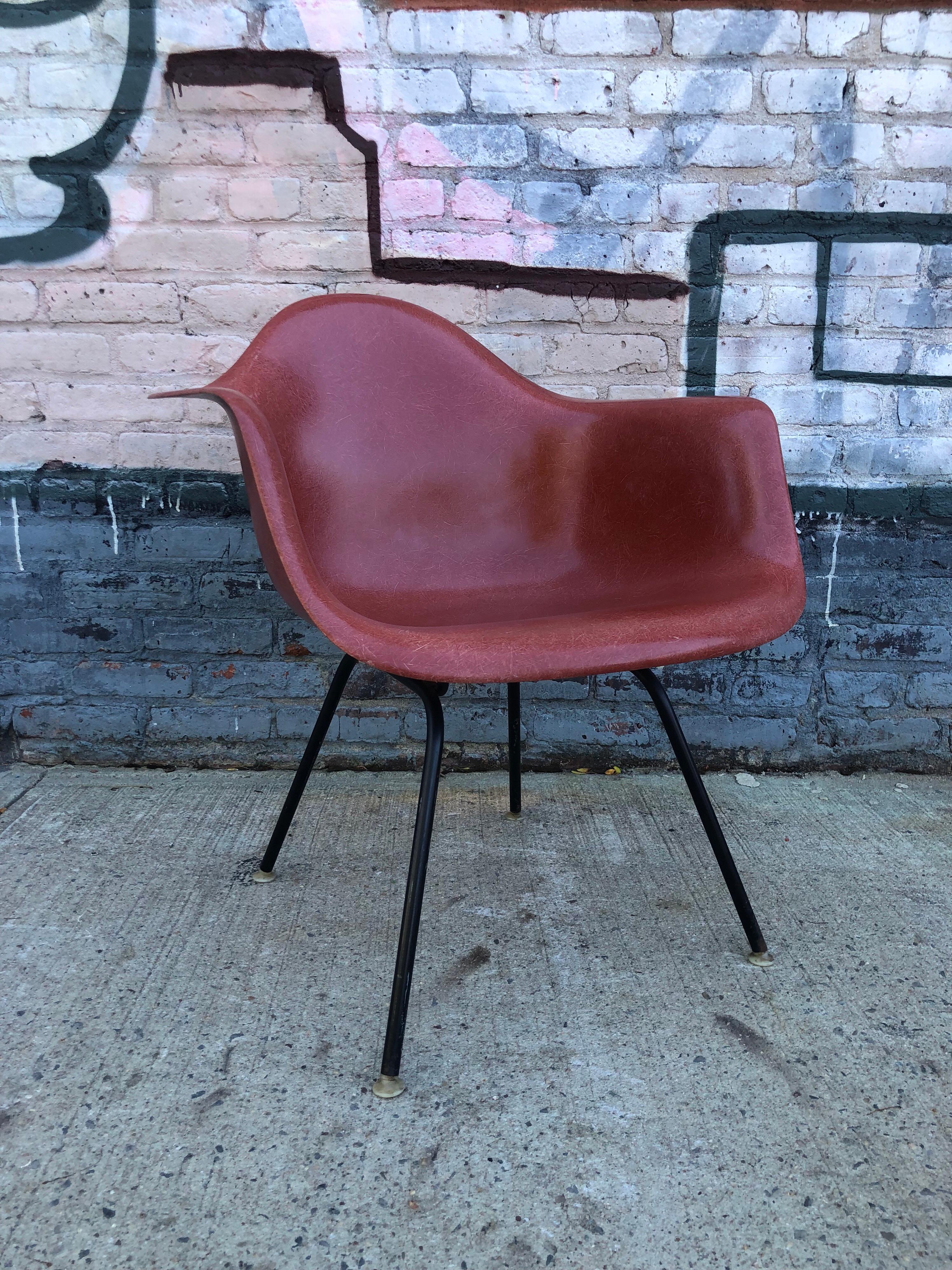 Gorgeous Herman Miller Eames chair in rare color terra cotta. On lounge height base. Available in dining height base for no extra charge. Also available with Eiffel or Rocker Base for additional charge. No cracks or damage to chair besides normal