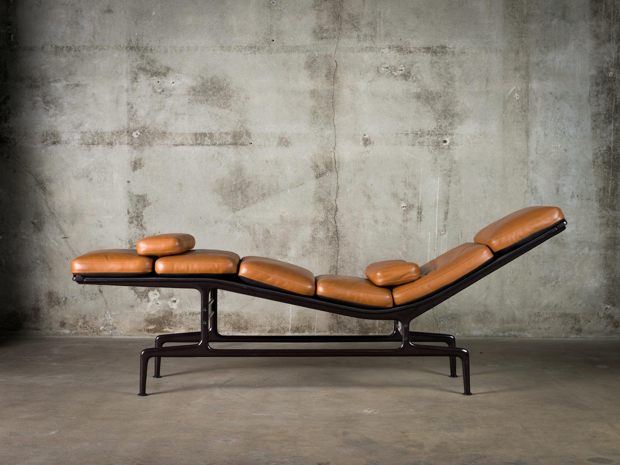 One Eames chaise lounge (designed in 1969, for Billy Wilders office) in cognac leather by Ray & Charles Eames, produced 1980s.