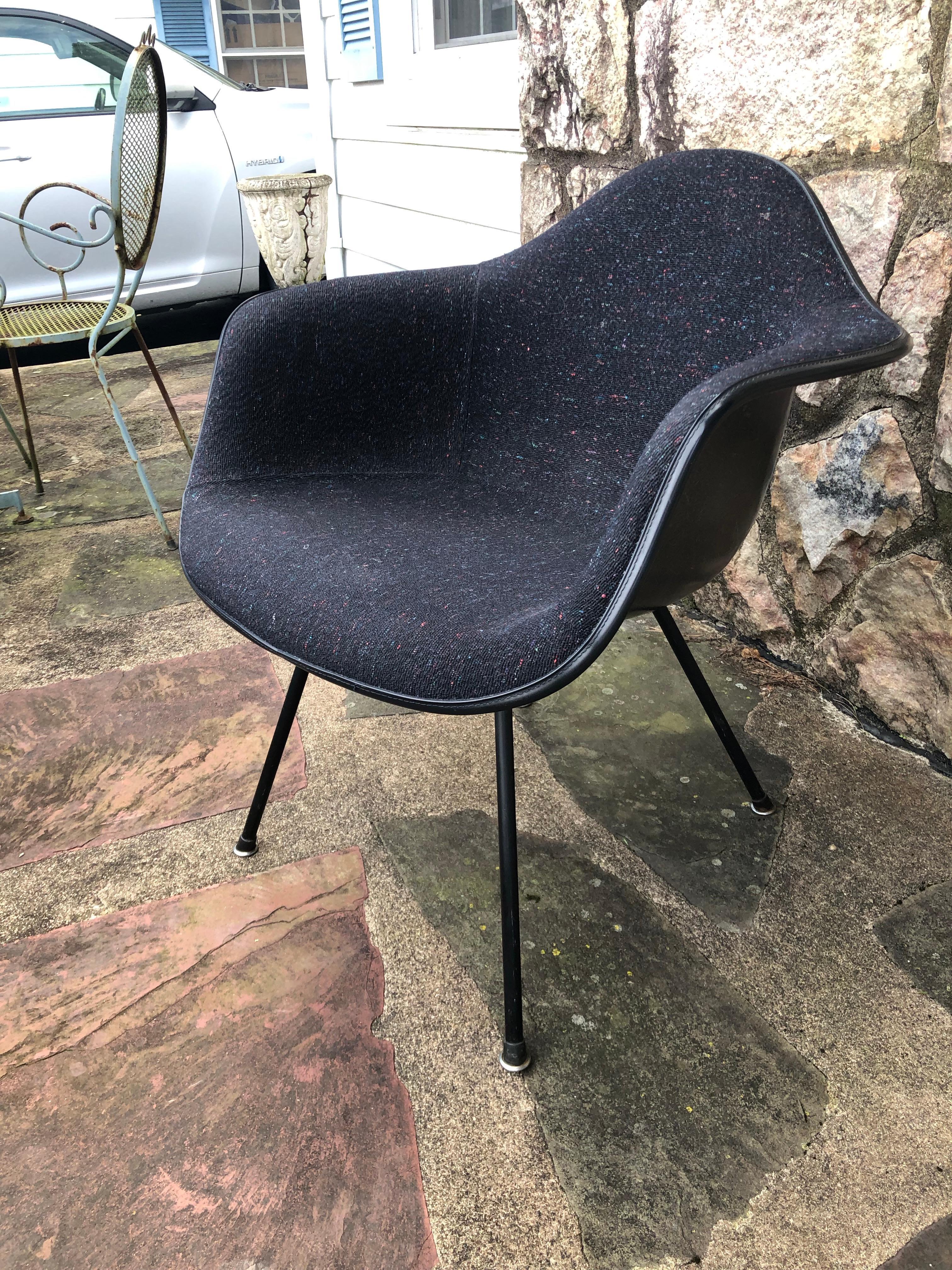 Are Herman Miller Eames fiberglass armchair. DAX model in rare color black. Authentic Herman Miller base. All mounts and glides intact. Rare Alexandria Girard Fabric 