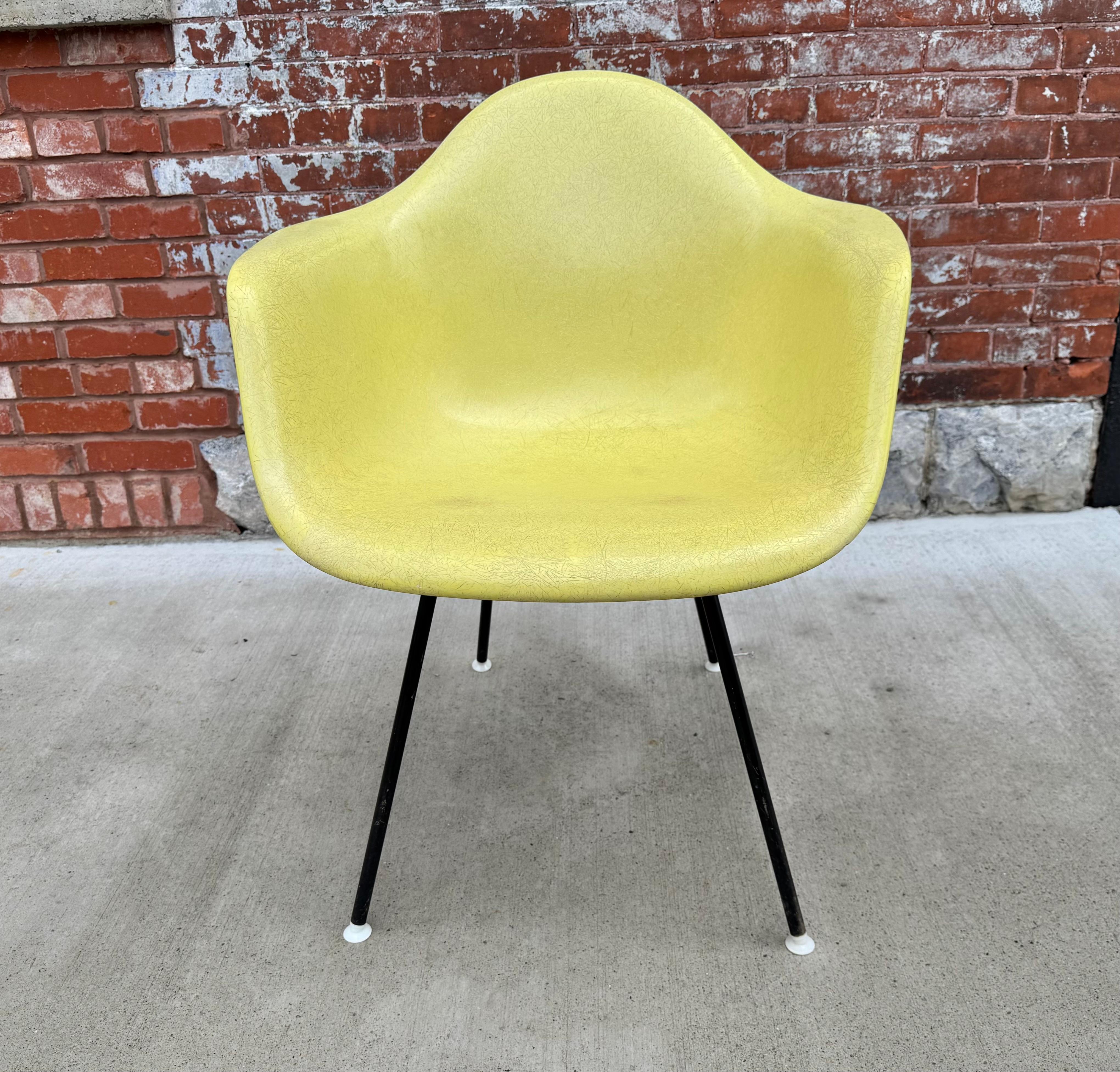 Wunderschönes leuchtendes Zitronengelb  Herman Miller Eames Sessel aus Fiberglas. Modell DAX mit H-Fuß. Alle Stoßdämpferhalterungen sowie die Füße sind intakt.  Stempel Herman Miller , 1960 unter dem Stuhl. Erstaunlicher Originalzustand, früh