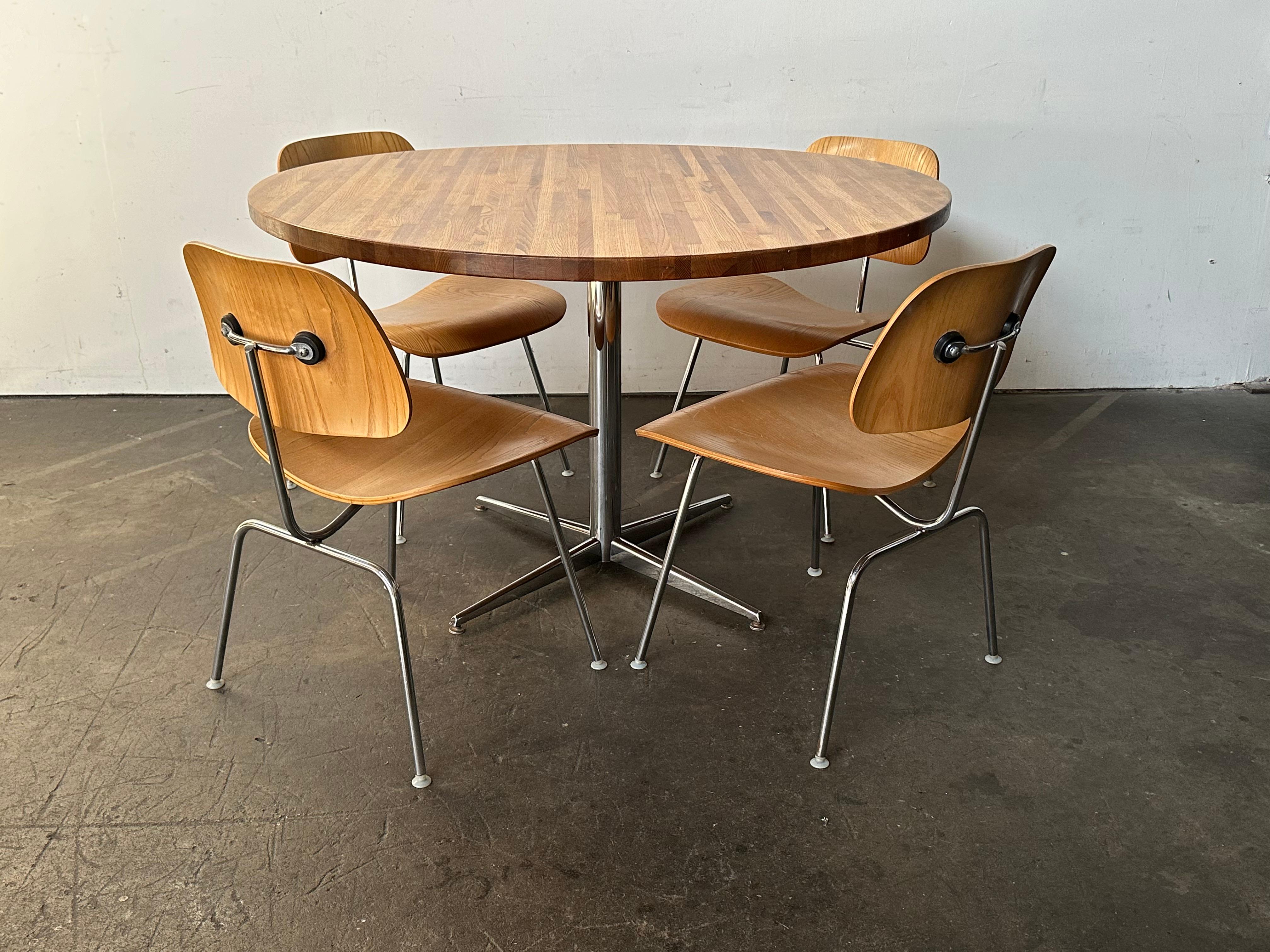 Mid-Century Modern Herman Miller Eames DCM Dining Chair Set with 48” Round Butcher Block Table For Sale