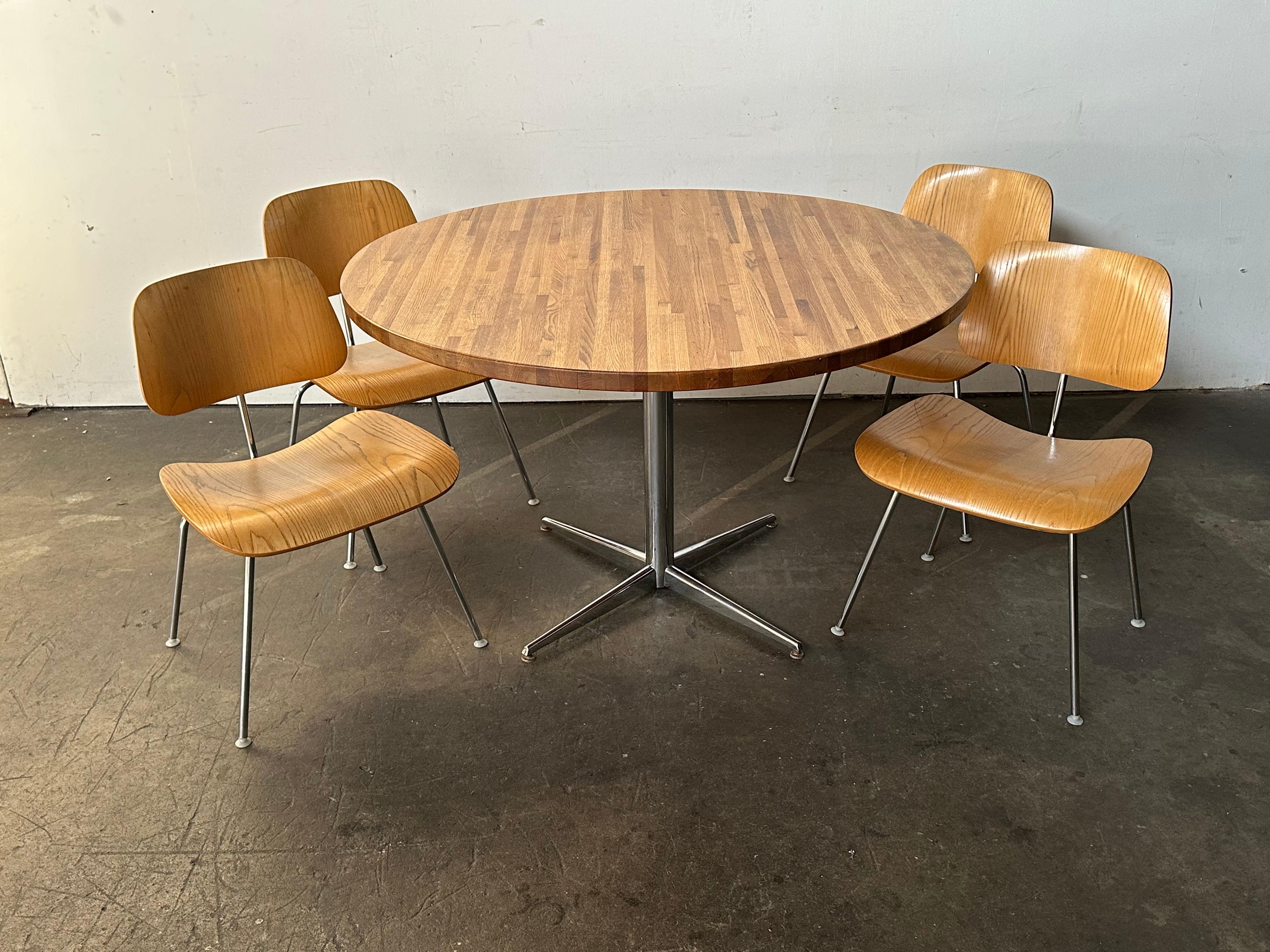 Steel Herman Miller Eames DCM Dining Chair Set with 48” Round Butcher Block Table For Sale