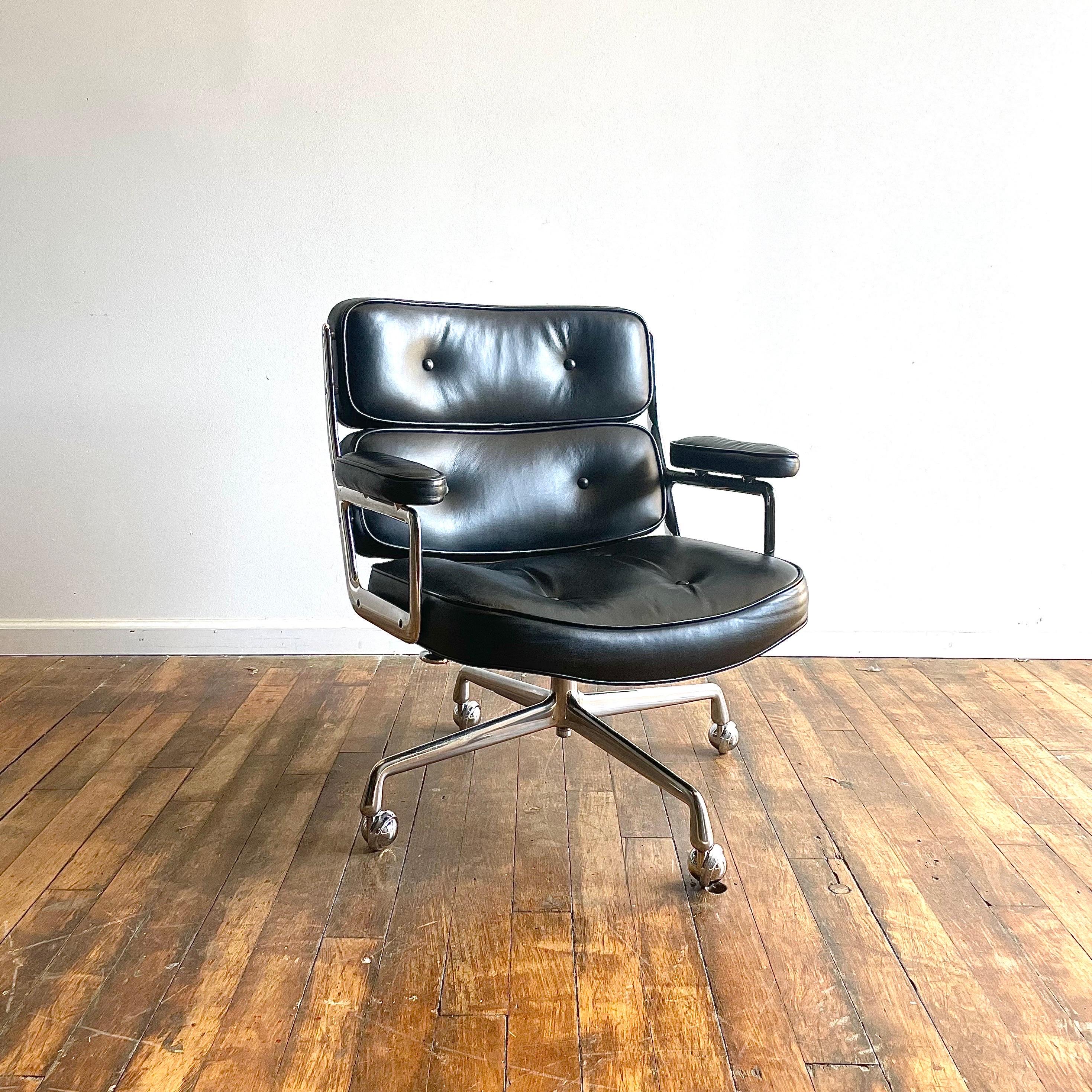 Authentic Herman Miller Eames Time Life Lobby chair. 

Rare model with wide back. No longer in production. 4 star base. 

Classic Eames office chair with padded leather armrests. 

Signed under the seat. 

Tilts, swivels, height adjusted. 

More