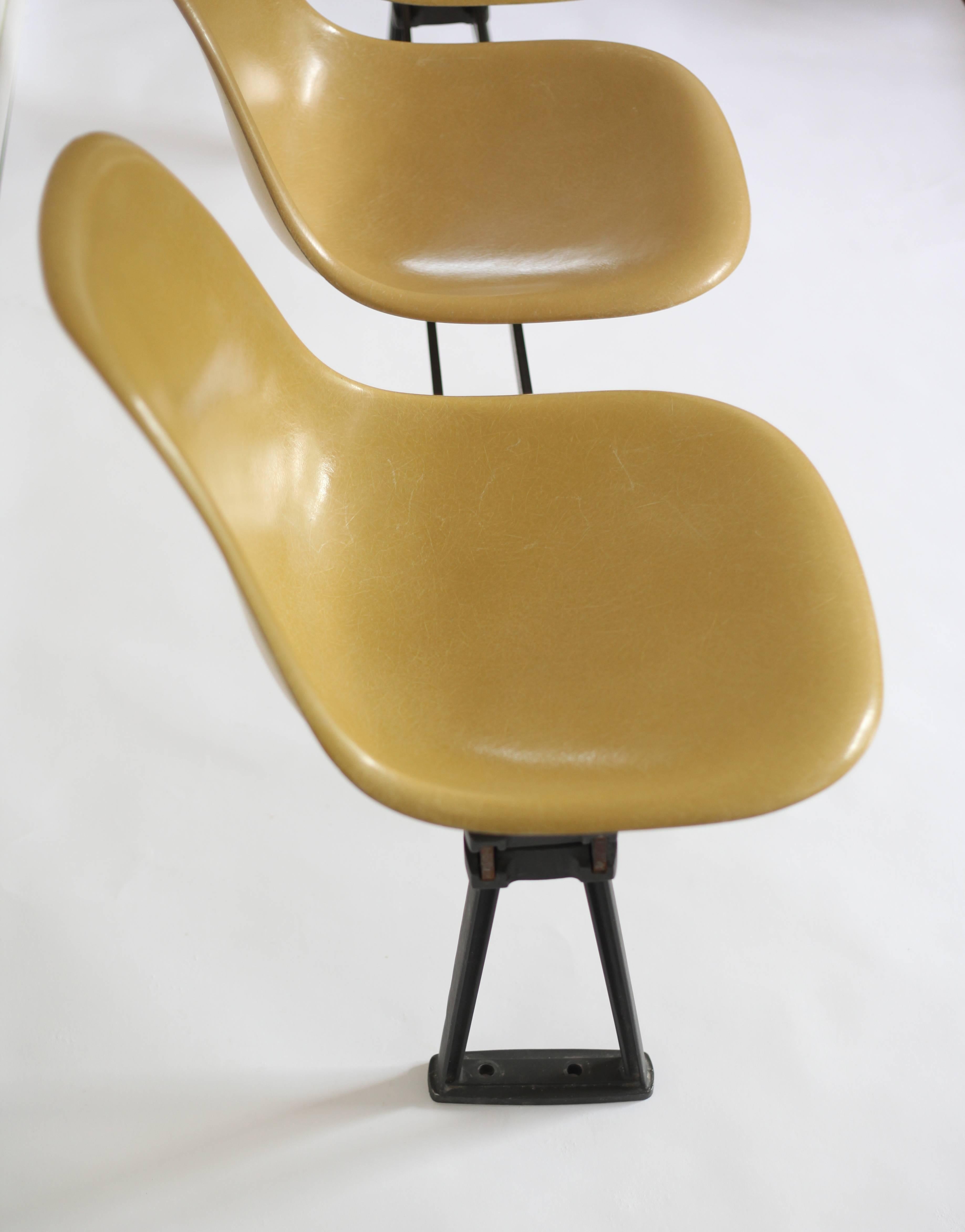 American Herman Miller Eames Fiberglass Ochre Chairs on Tandem Seating, 1968