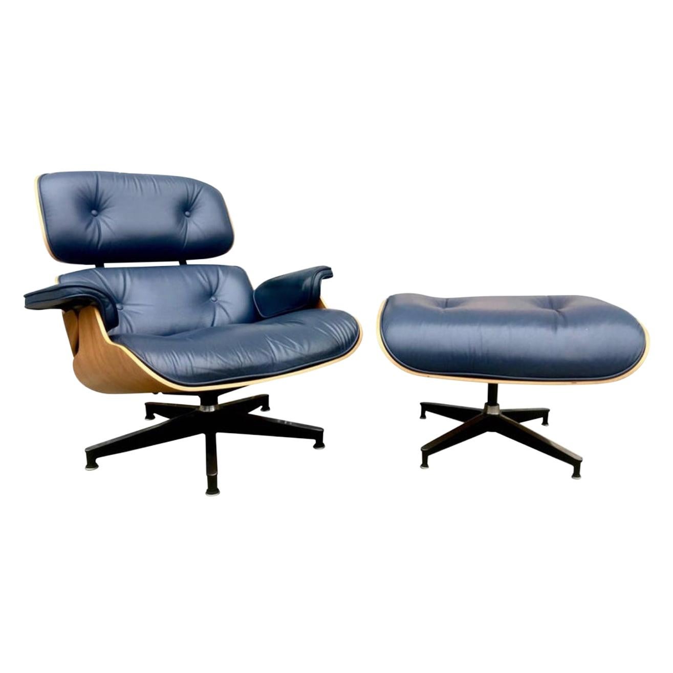 Herman Miller Eames Lounge Chair and Ottoman in Custom Blue Leather