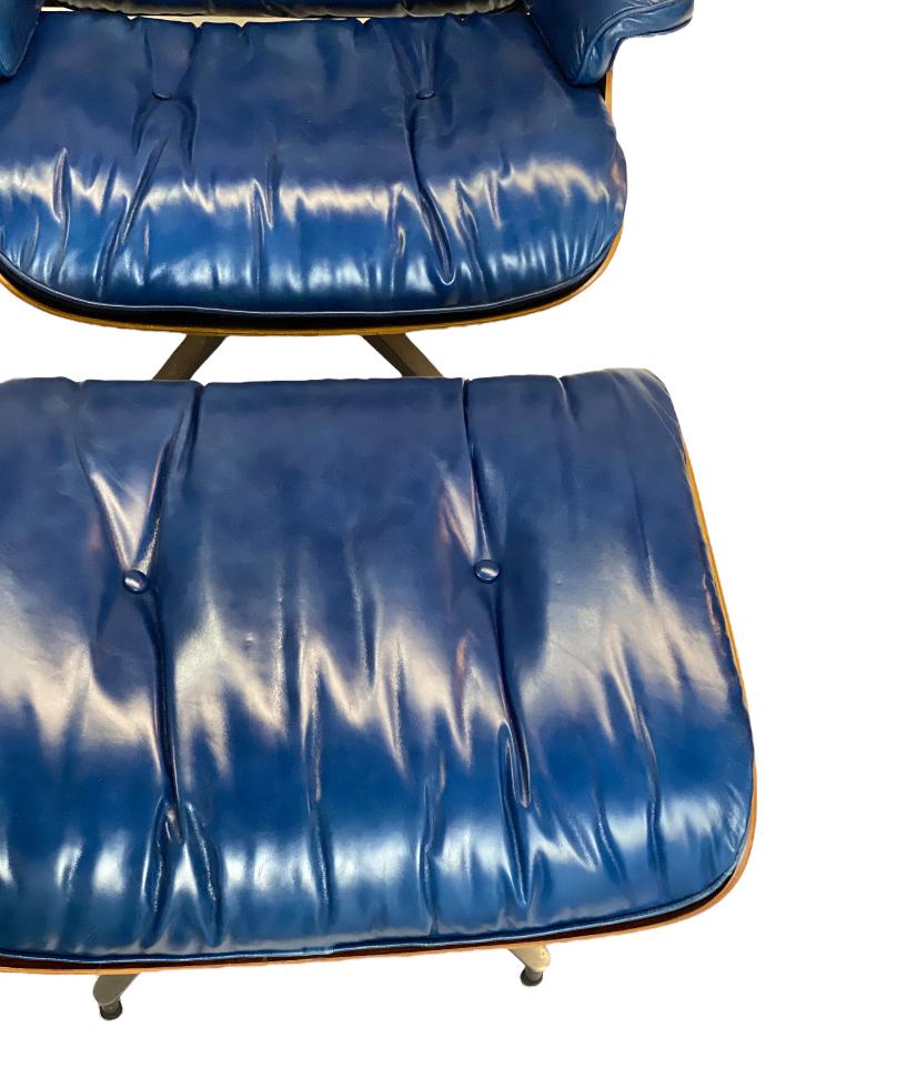 Mid-Century Modern Herman Miller Eames Lounge Chair and Ottoman with Custom Deep Blue Leather