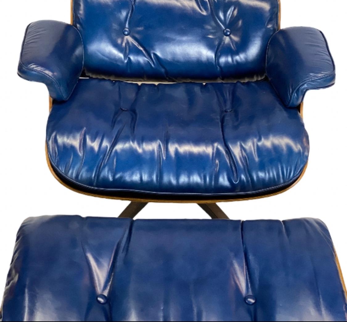 American Herman Miller Eames Lounge Chair and Ottoman with Custom Deep Blue Leather