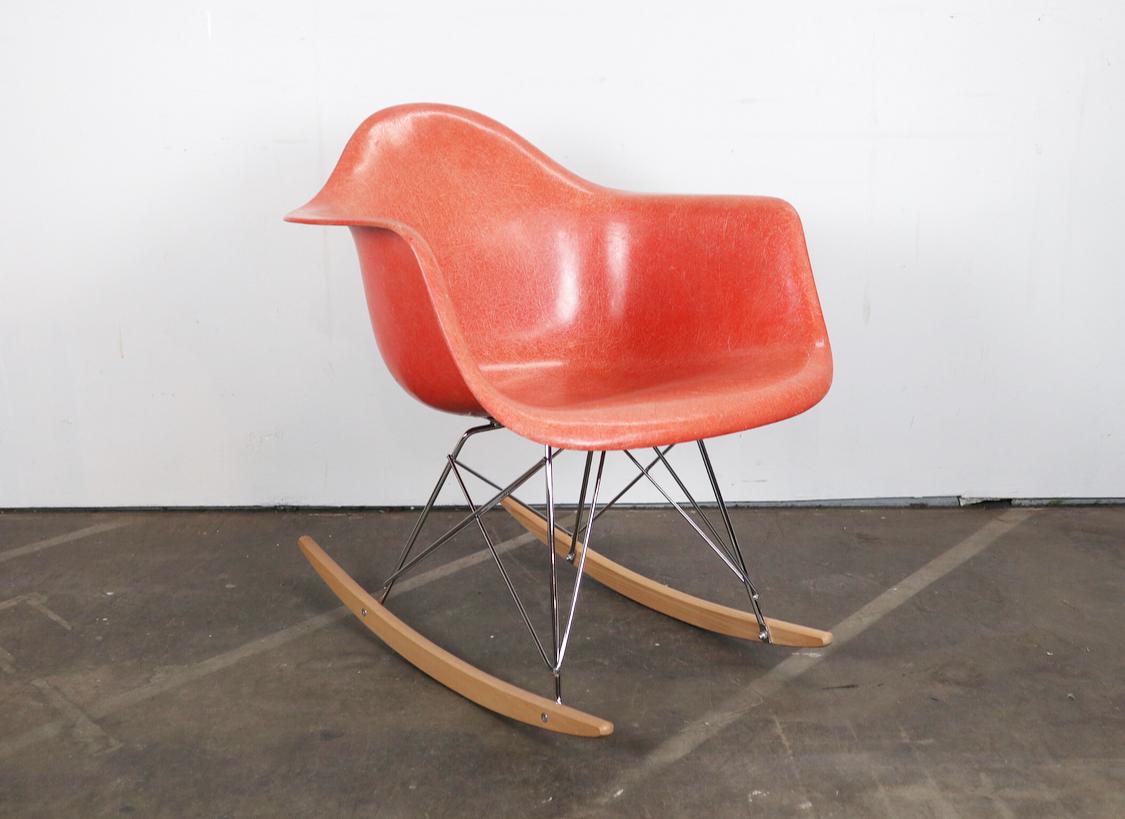 Mid-Century Modern Herman Miller Eames Salmon Orange Fiberglass RAR Rocking Chair