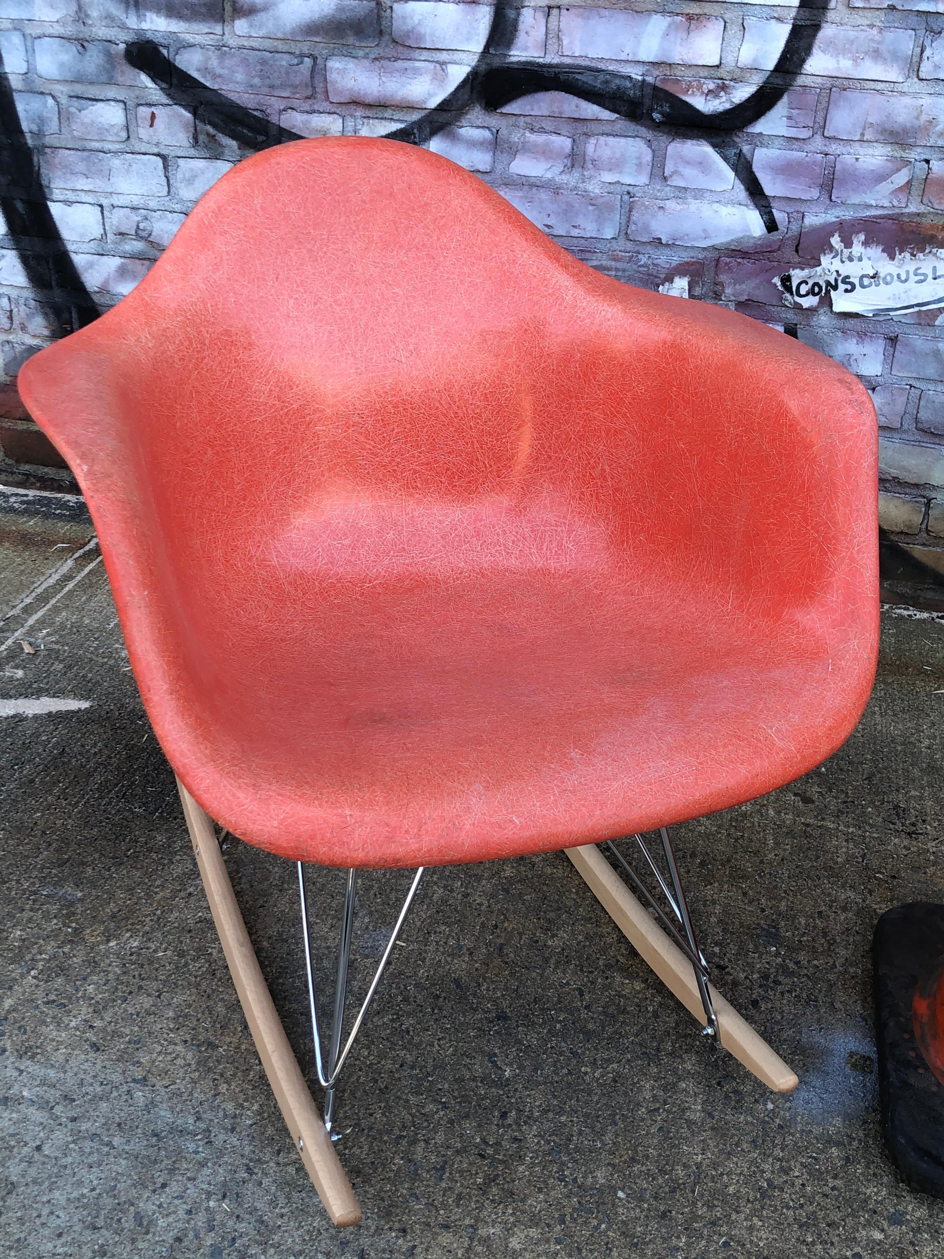 20th Century Herman Miller Eames Salmon Orange Fiberglass RAR Rocking Chair