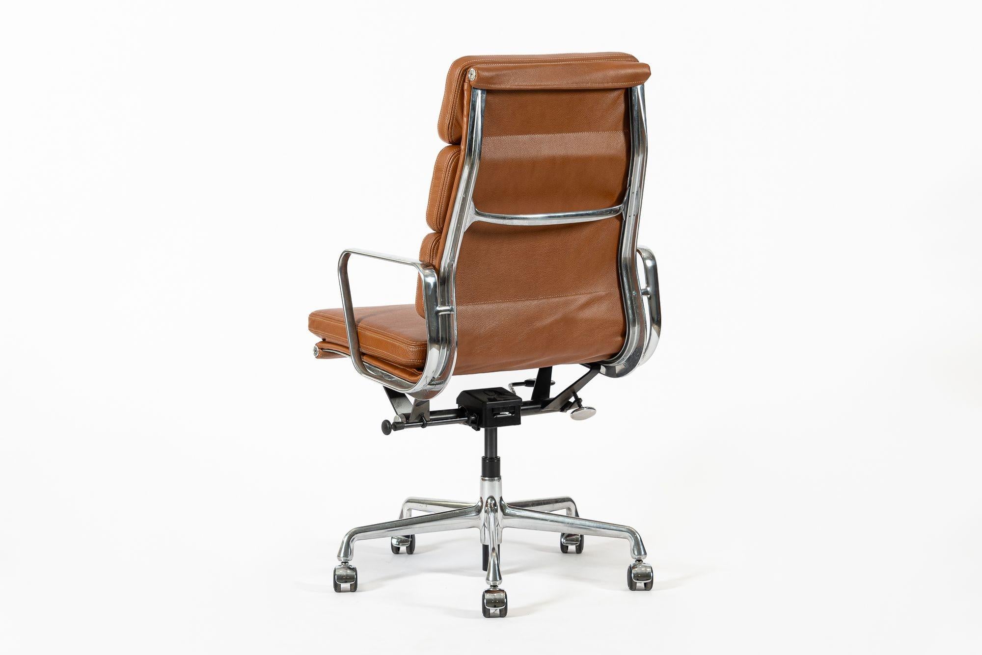 Herman Miller Eames Tall Brown Leather Desk Chair Soft Pad In Good Condition For Sale In Detroit, MI