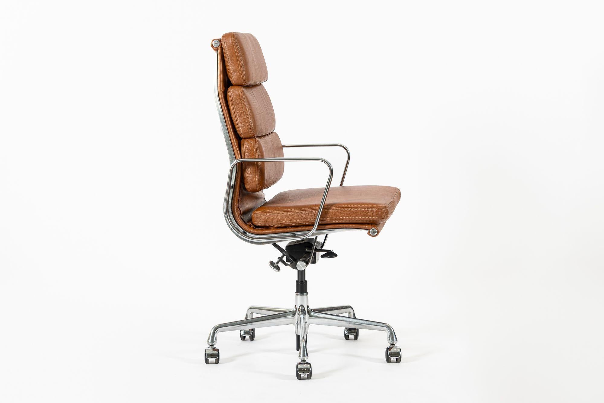 Aluminum Herman Miller Eames Tall Brown Leather Desk Chair Soft Pad For Sale