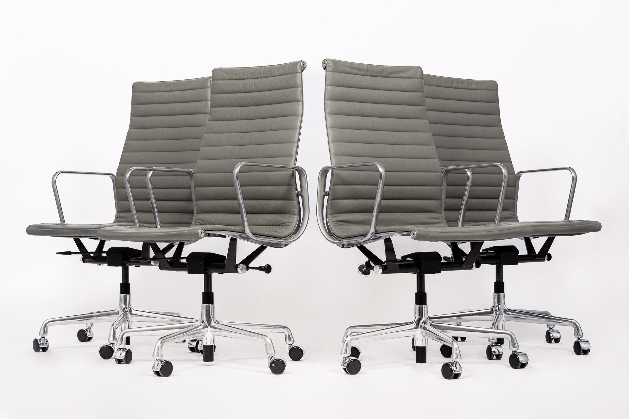 Mid-Century Modern Herman Miller Eames Tall Gray Leather Desk Chairs Executive Thin Pad For Sale