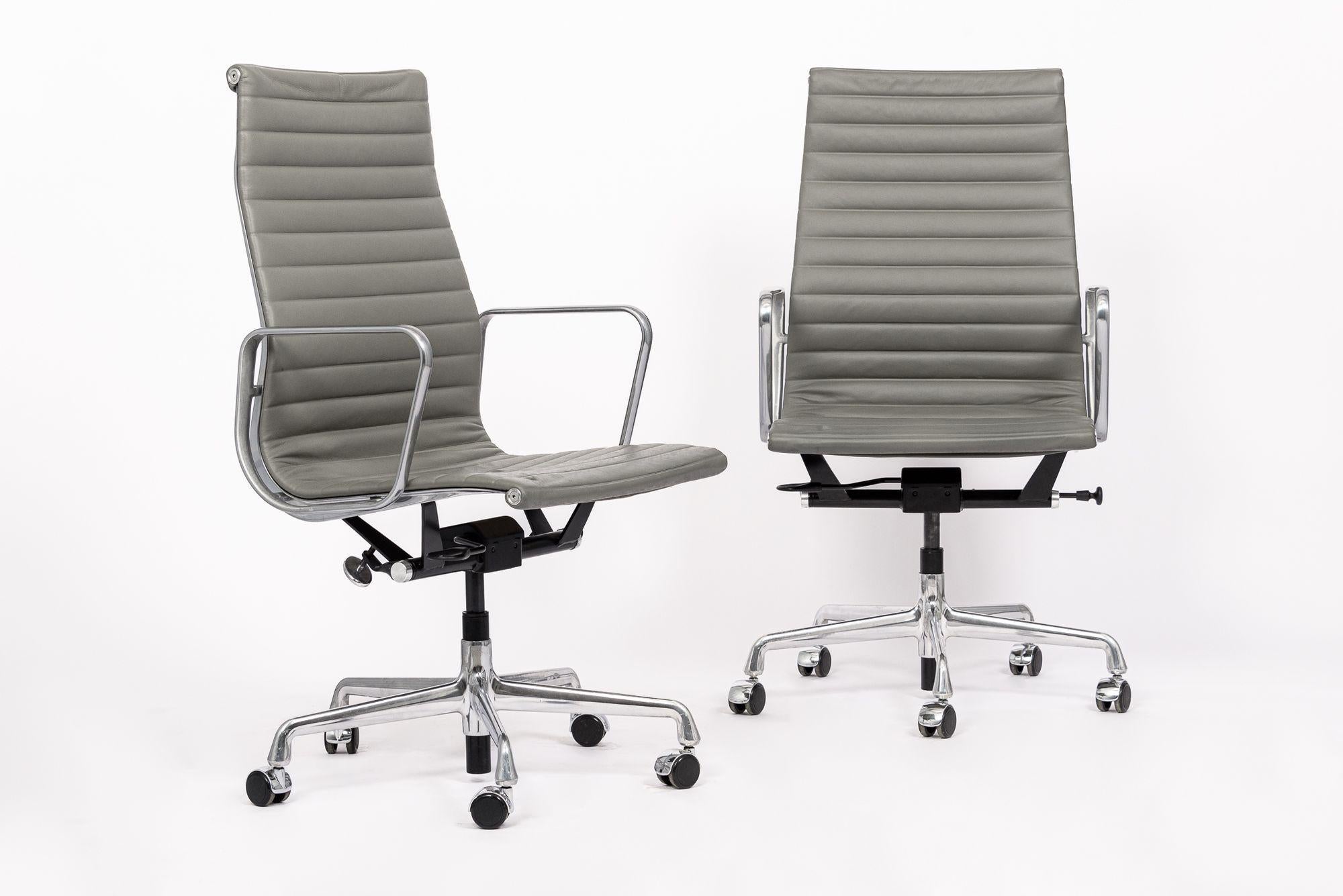 Herman Miller Eames Tall Gray Leather Desk Chairs Executive Thin Pad In Good Condition For Sale In Detroit, MI