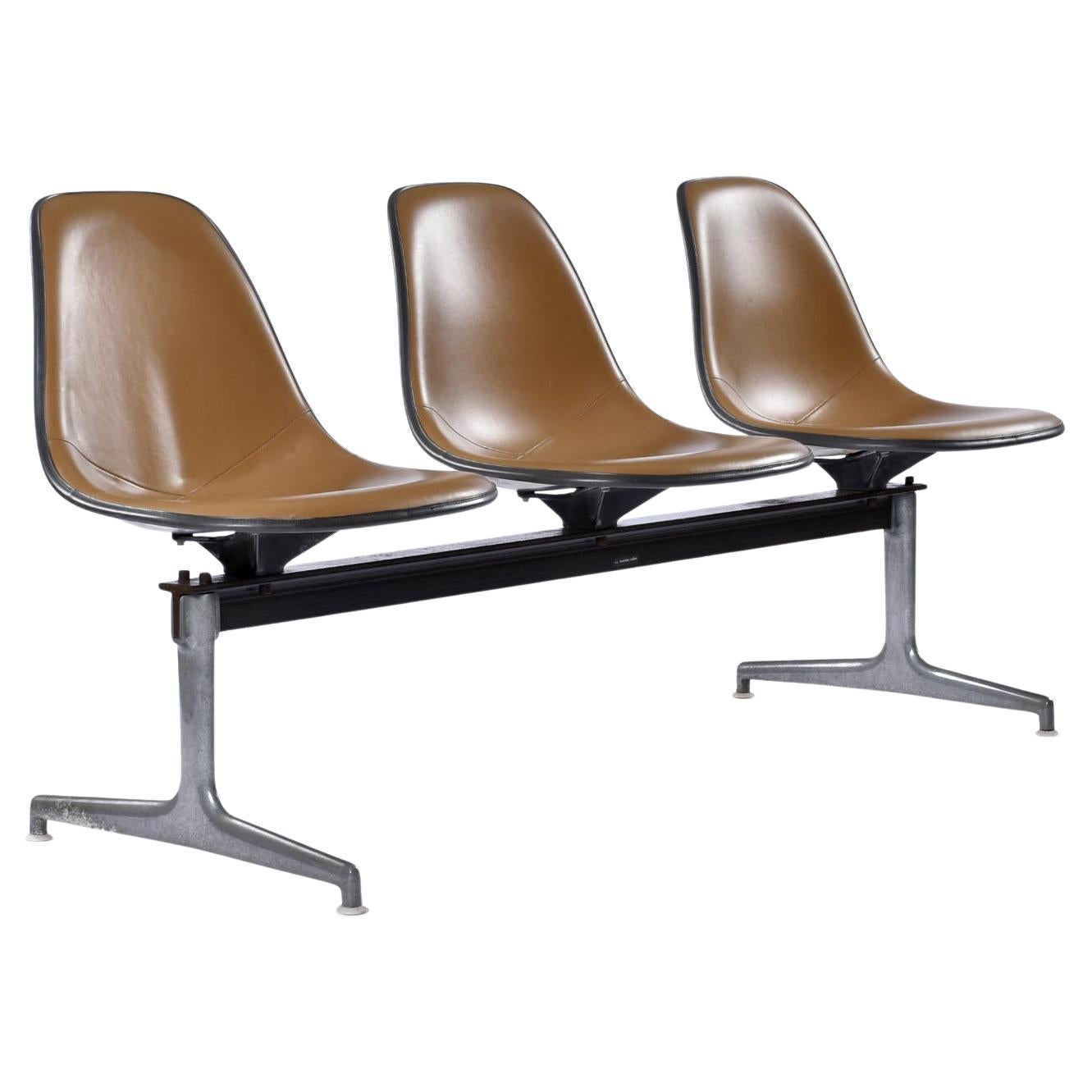 Herman Miller Eames Tandem Bench with Brown Naugahyde Pad Shell Chairs For Sale