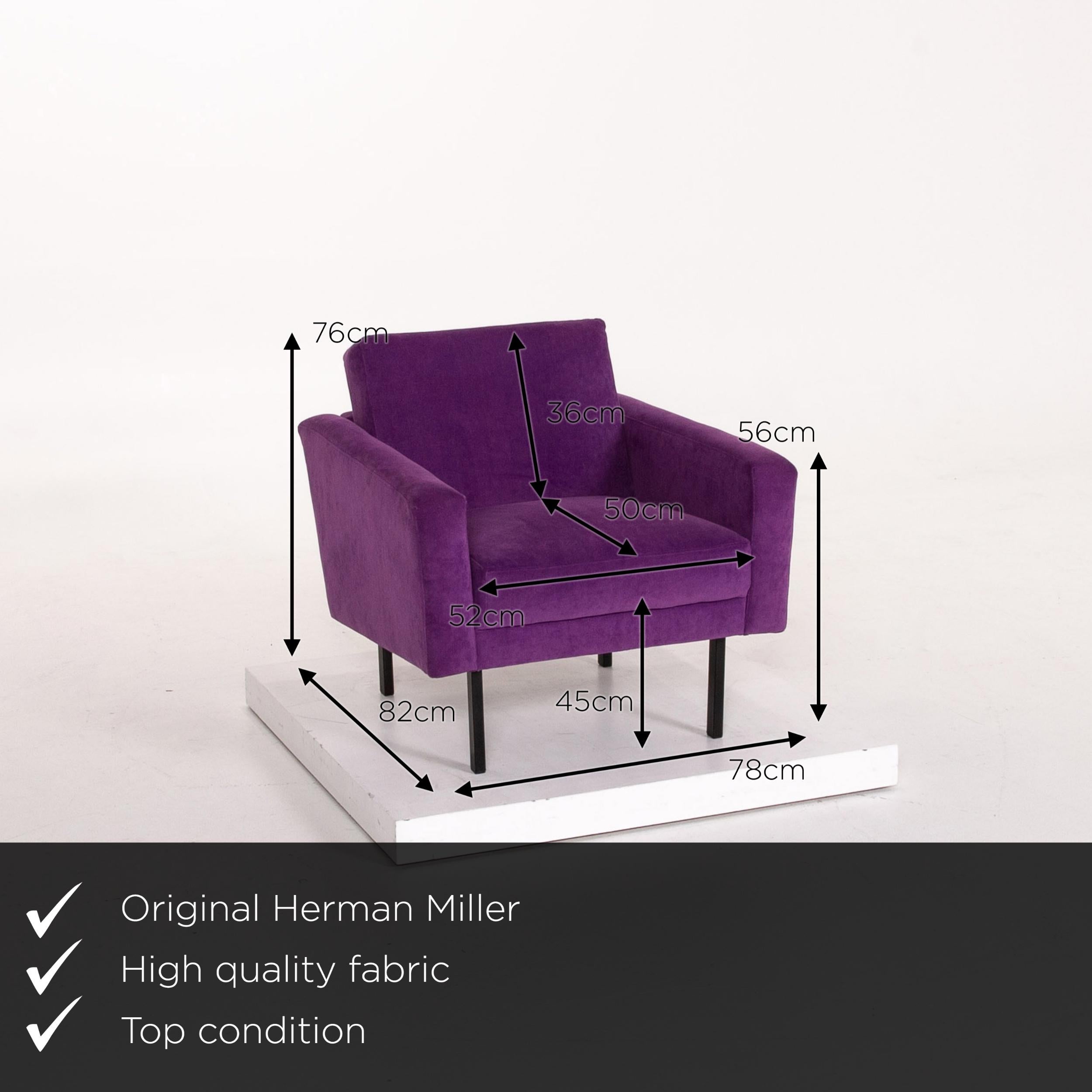 We present to you a Herman Miller fabric armchair set purple 2 armchair.

 

 Product measurements in centimeters:
 

Depth 82
Width 78
Height 76
Seat height 45
Rest height 56
Seat depth 50
Seat width 52
Back height 36.
   