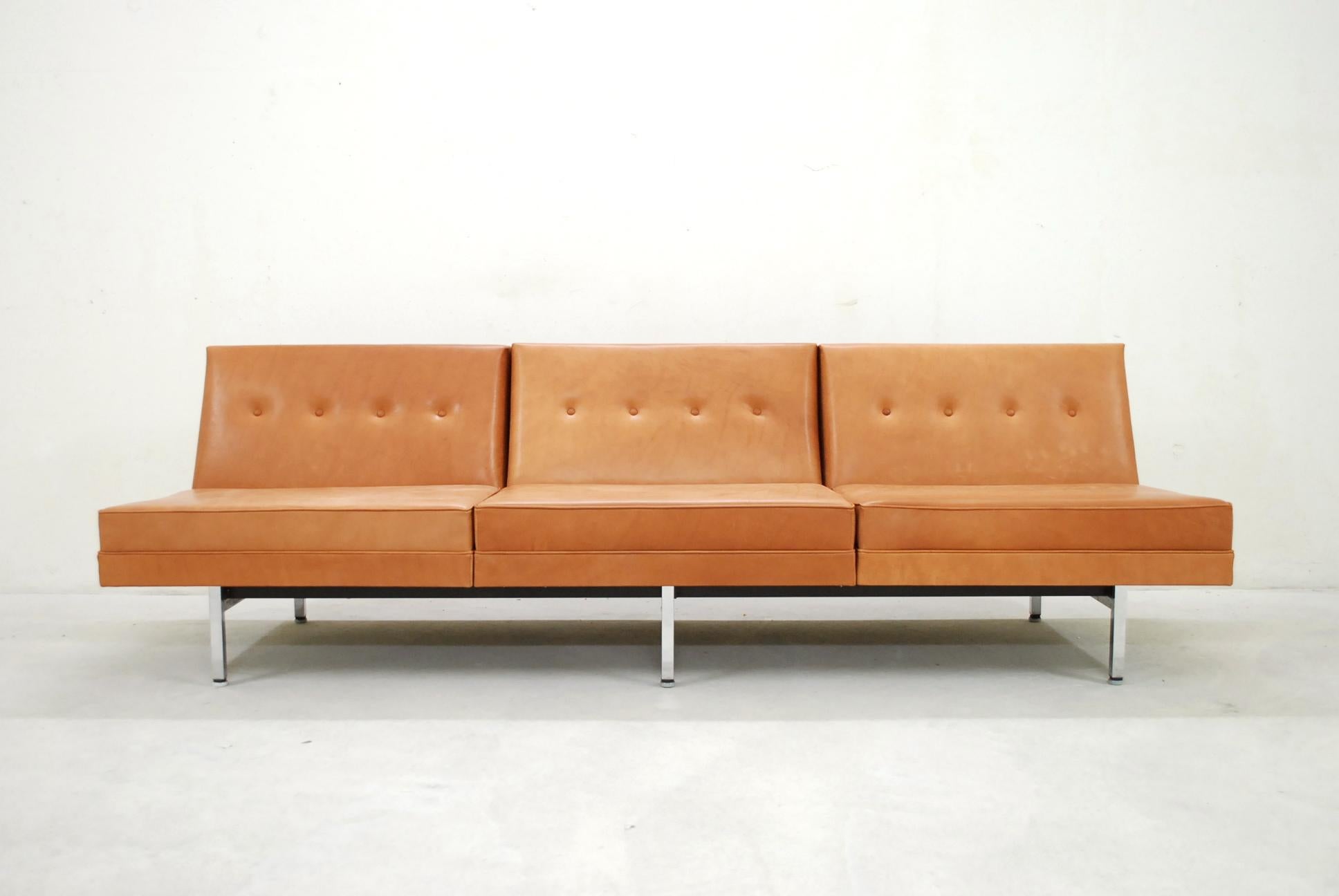 Mid-Century Modern Herman Miller George Nelson Modular Seating Cognac Natural Leather Sofa For Sale
