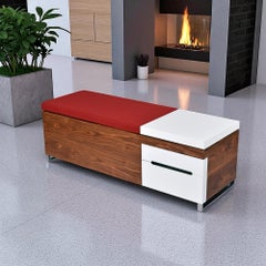 Herman Miller Padded Storage Walnut Bench in Red Fabric and White Laminate