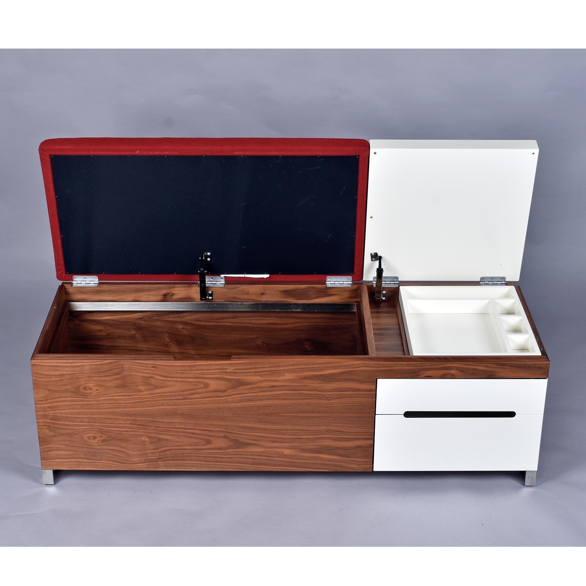 Modern Herman Miller Padded Storage Walnut Bench in Red Fabric and White Laminate For Sale