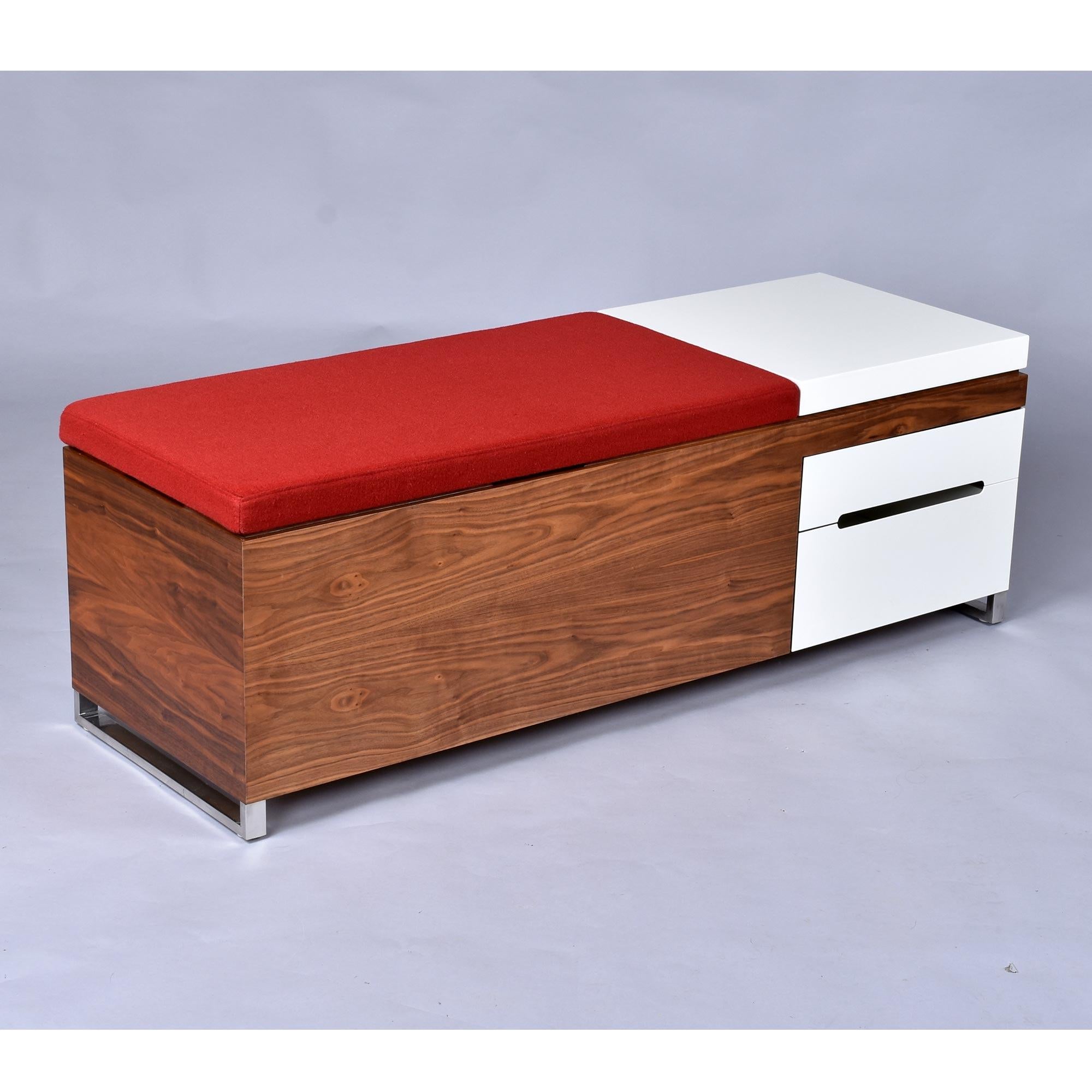 Herman Miller Padded Storage Walnut Bench in Red Fabric and White Laminate In Good Condition For Sale In Chattanooga, TN