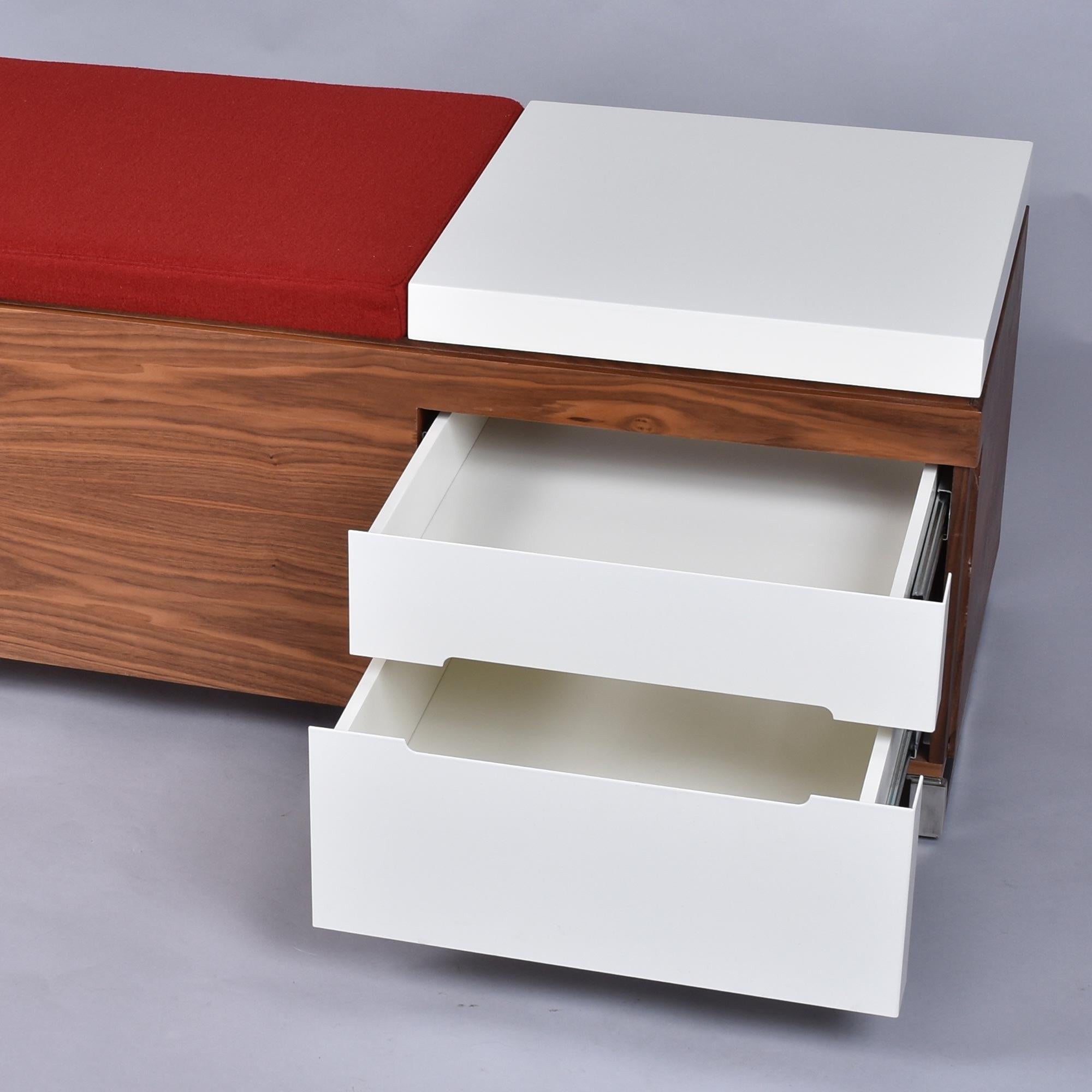 Herman Miller Padded Storage Walnut Bench in Red Fabric and White Laminate For Sale 2