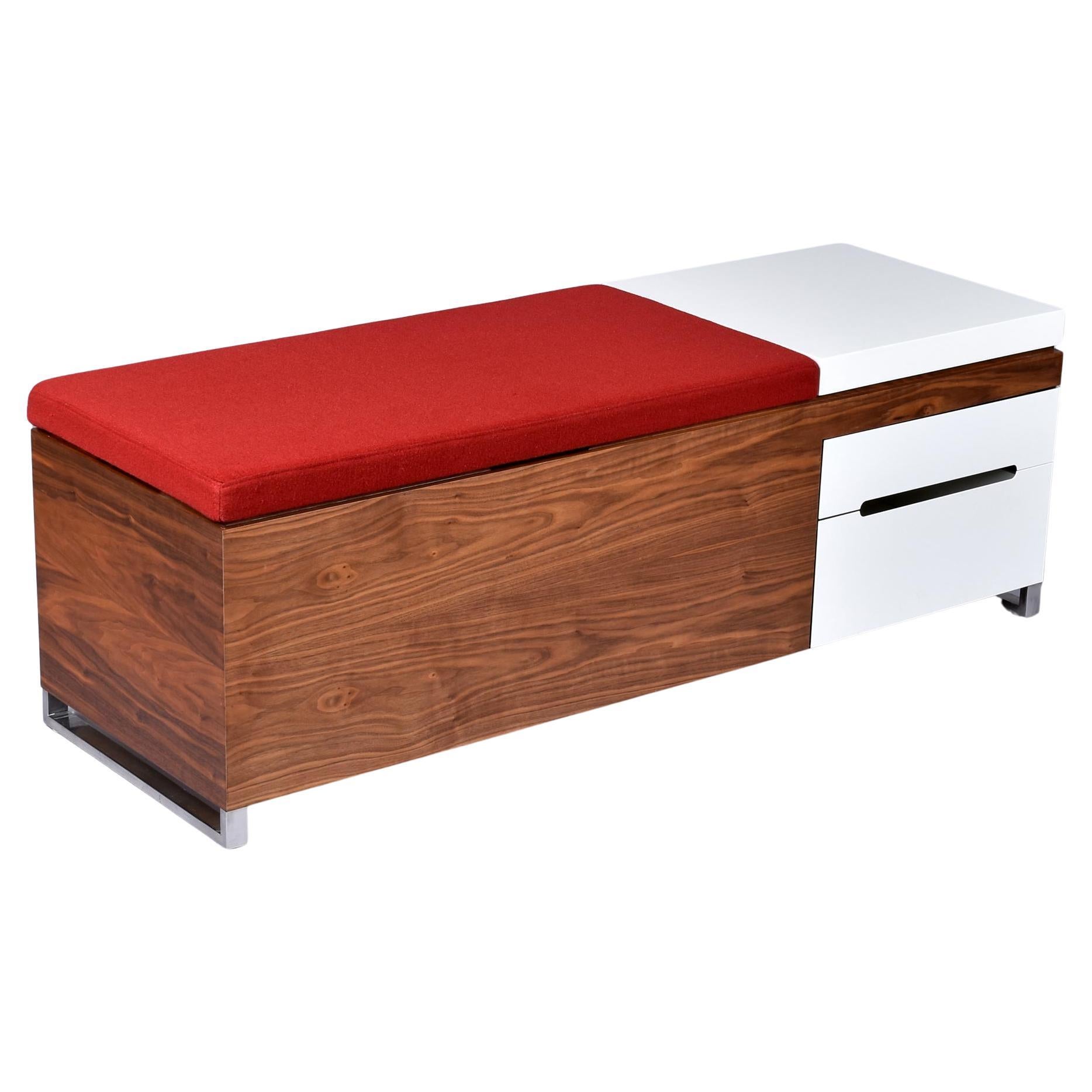 Herman Miller Padded Storage Walnut Bench in Red Fabric and White Laminate For Sale