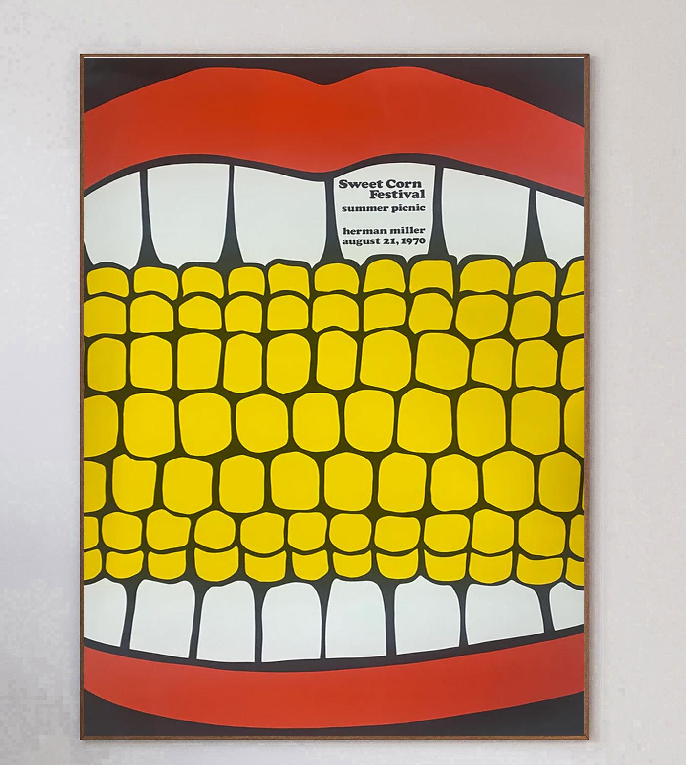 The most iconic poster from one of the most iconic poster series of the 20th century, this is the first Herman Miller Summer Picnic poster created. This design from 1970 by the legendary Steve Frykholm was created to promote the Sweet Corn Festival