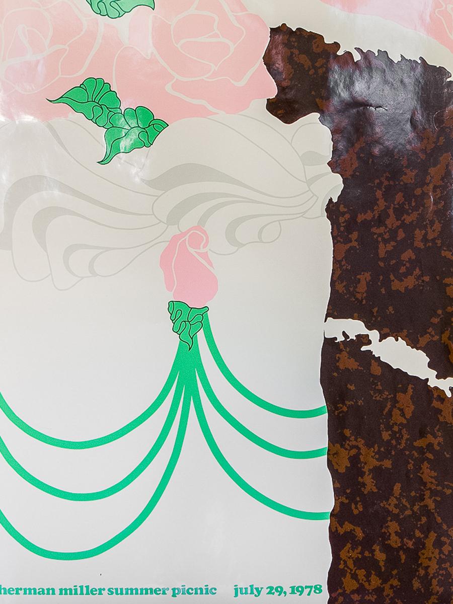 Affiche de gâteau au chocolat pour pique-nique d'été conçue par Stephen Frykholm pour Herman Miller. Le gros plan du gâteau au chocolat est un exemple brillant de la conception graphique du début du milieu du siècle. Frykholm a conçu ces affiches
