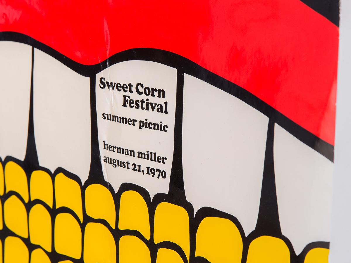 Super rad, super scarce Summer Picnic Sweet Corn Festival, August 21, 1970 poster designed by Stephen Frykholm for Herman Miller. Frykholm designed these posters on behalf of the annual Herman Miller summer picnic, each showcasing close-up designs