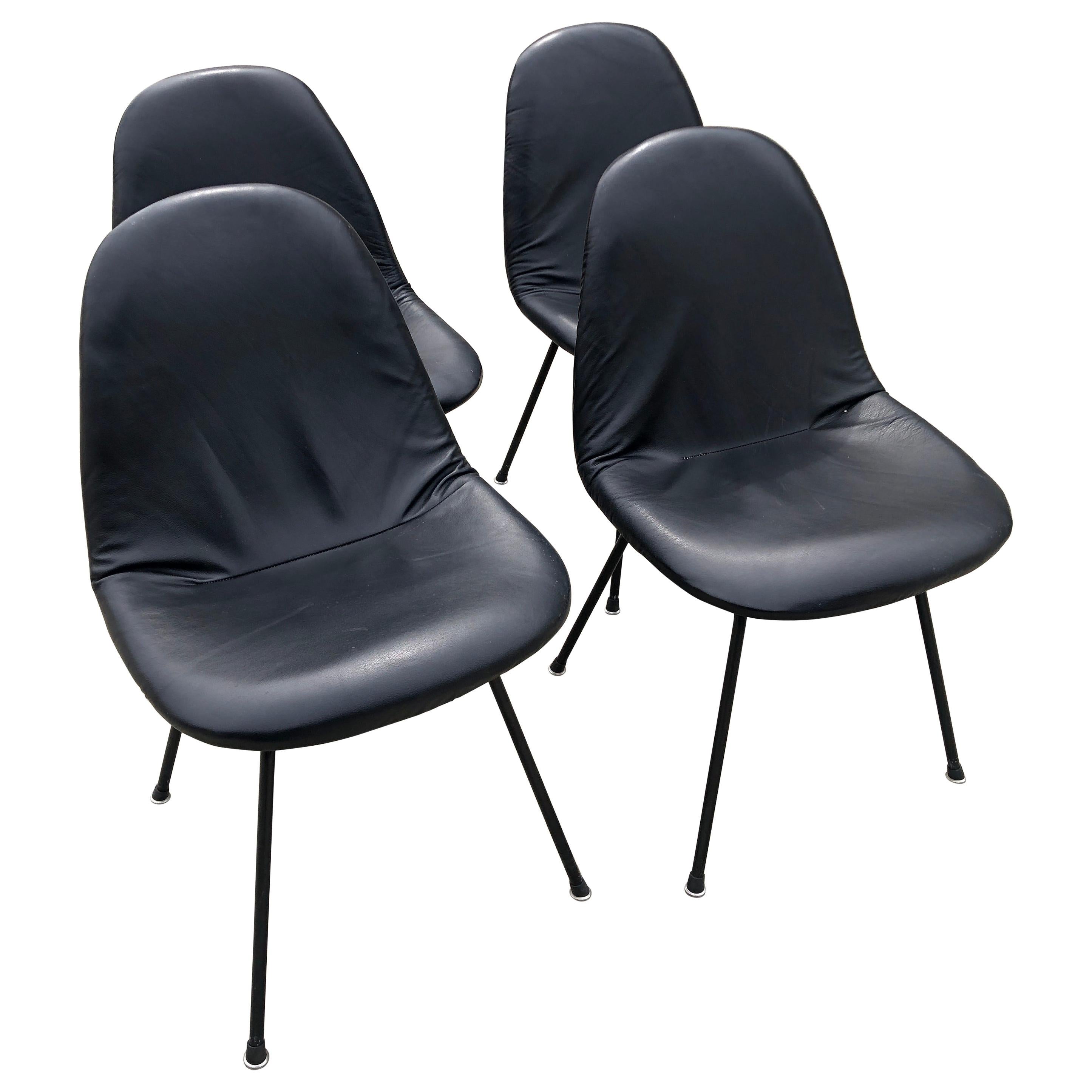 Herman Miller Vintage Eames DKX Four Chairs Black Padded Vinyl Wire Framed For Sale