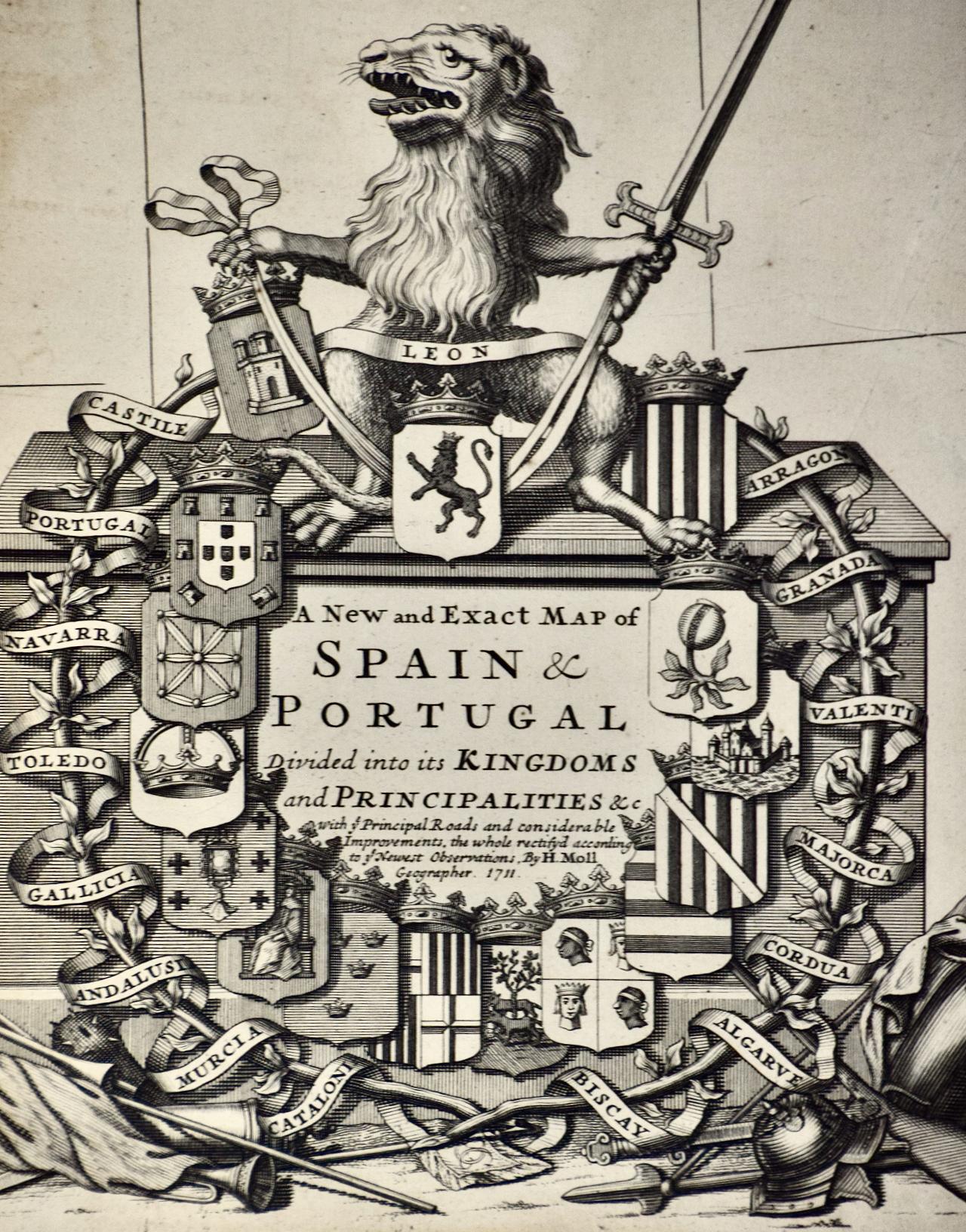 A Framed Hand-colored Early 18th Century Herman Moll Map of Spain and Portugal 1