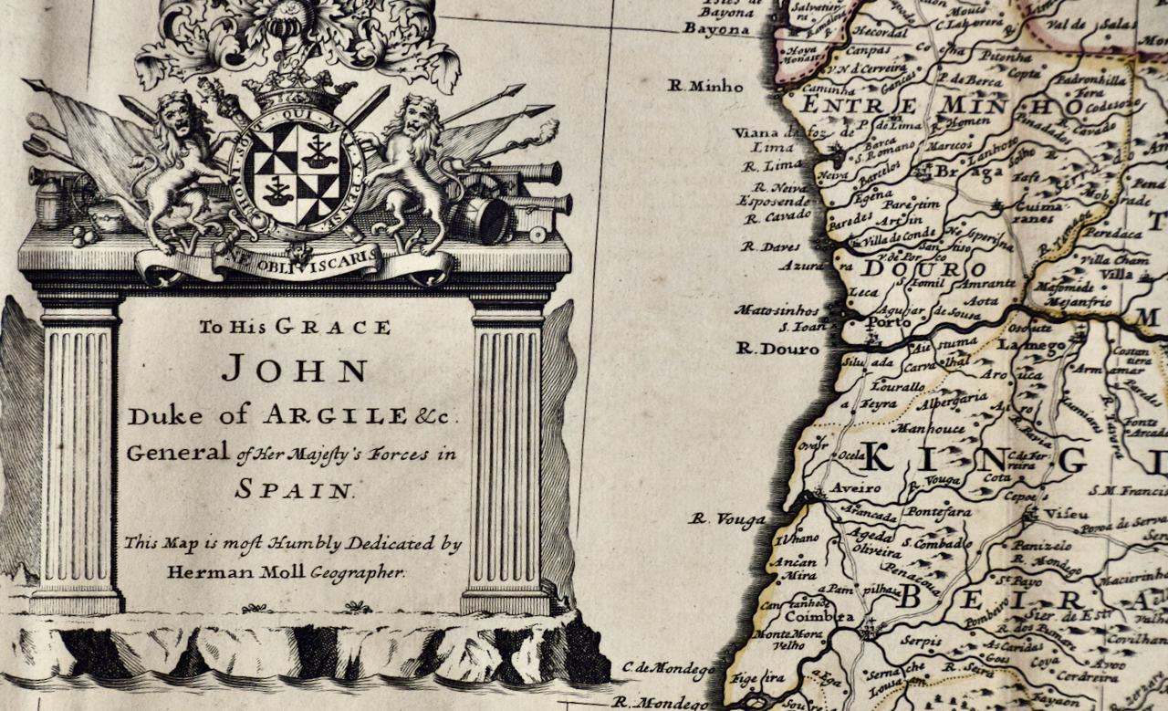 A Framed Hand-colored Early 18th Century Herman Moll Map of Spain and Portugal 2