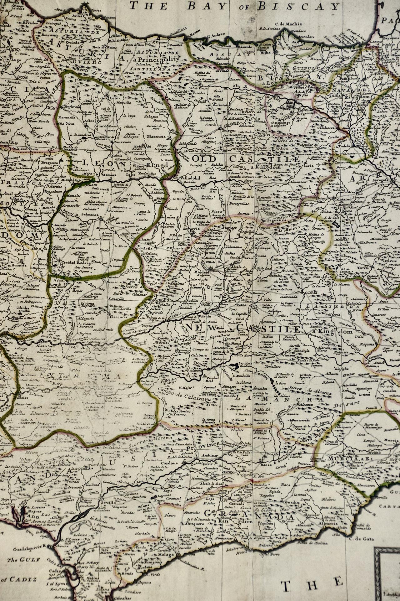 A Framed Hand-colored Early 18th Century Herman Moll Map of Spain and Portugal 6