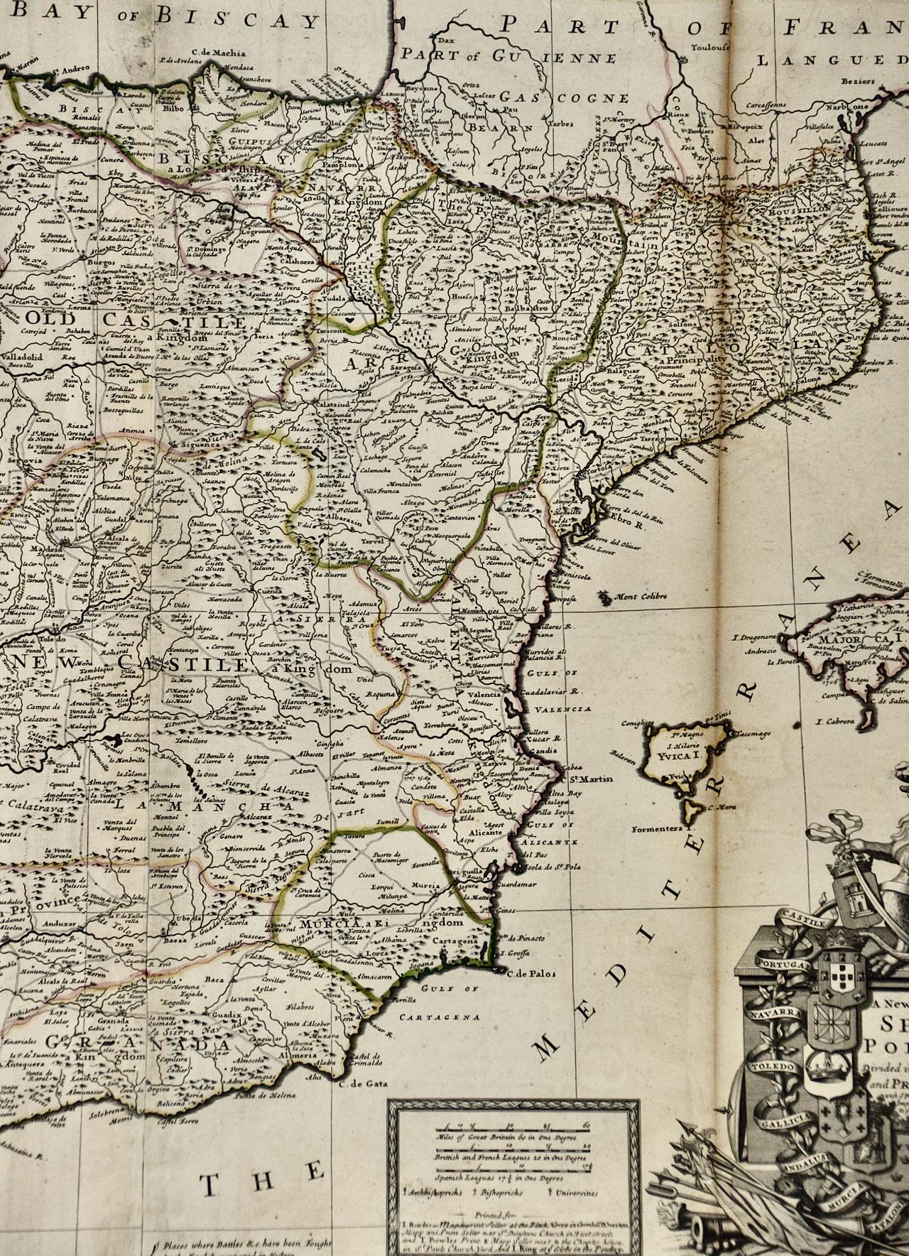 A Framed Hand-colored Early 18th Century Herman Moll Map of Spain and Portugal 7