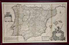 A Framed Hand-colored Early 18th Century Herman Moll Map of Spain and Portugal