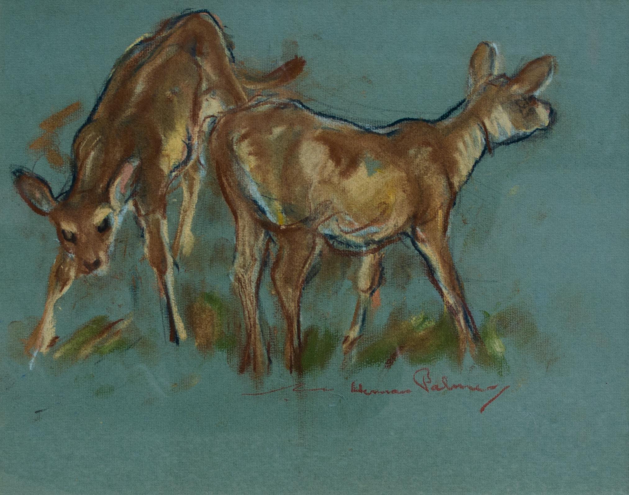 Adorable Deer Pastel Signed by Herman Palmer For Sale 1