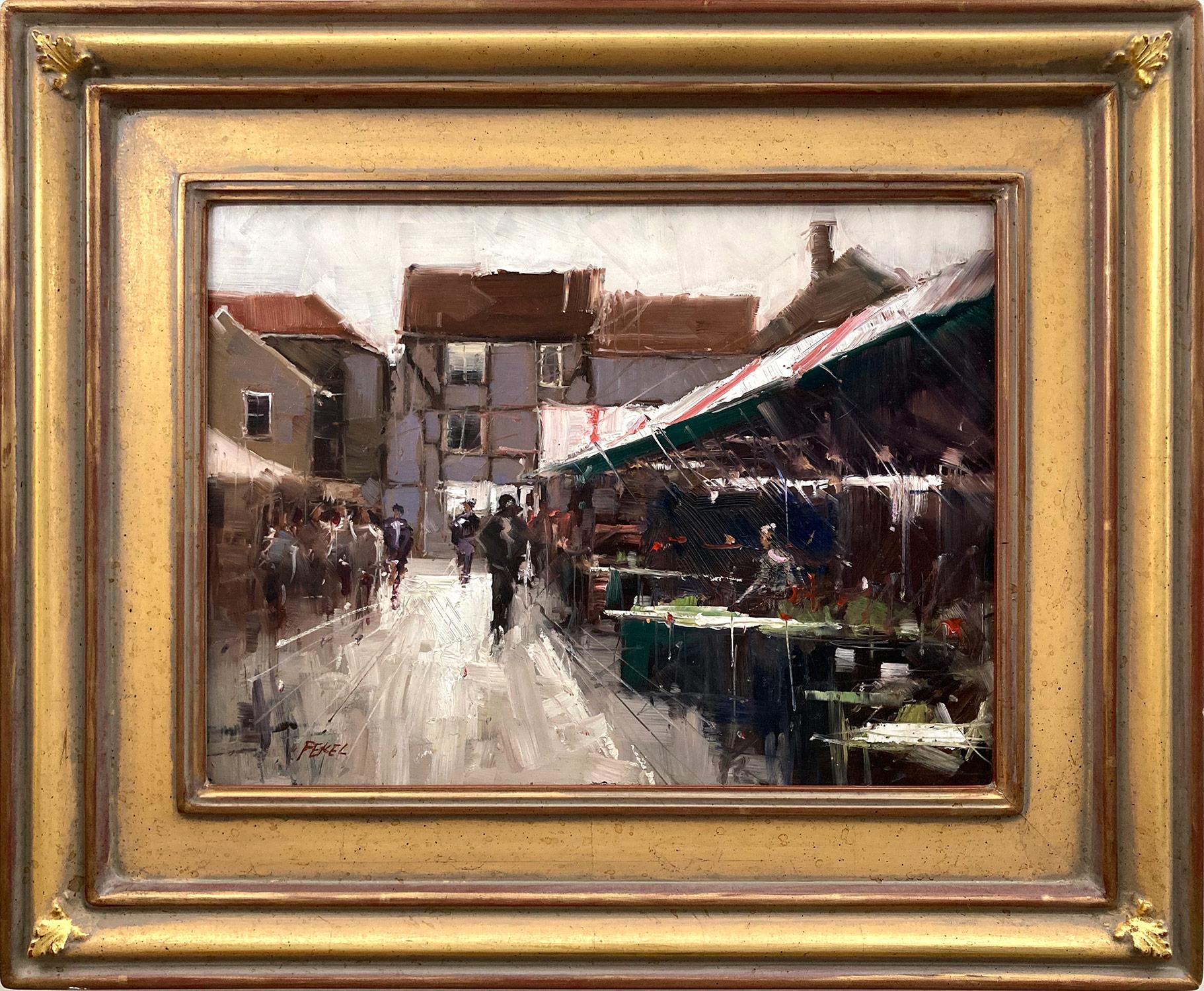 Figurative Painting Herman Pekel - Peinture à l'huile abstraite en plein air du 20e siècle, « York Market England » 