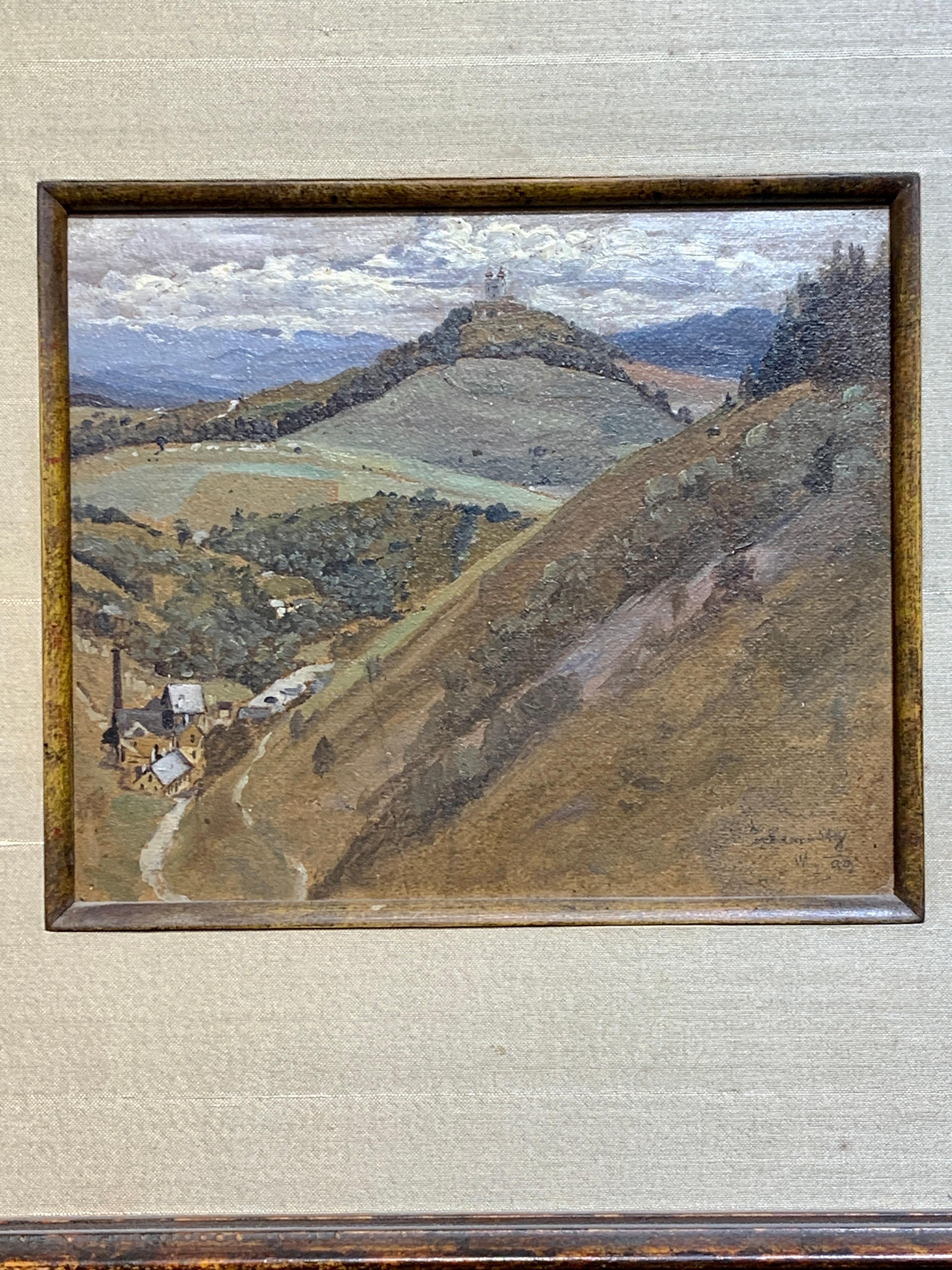 19th century Austrian mountain landscape with village, church and town  - Painting by Herman Reisz