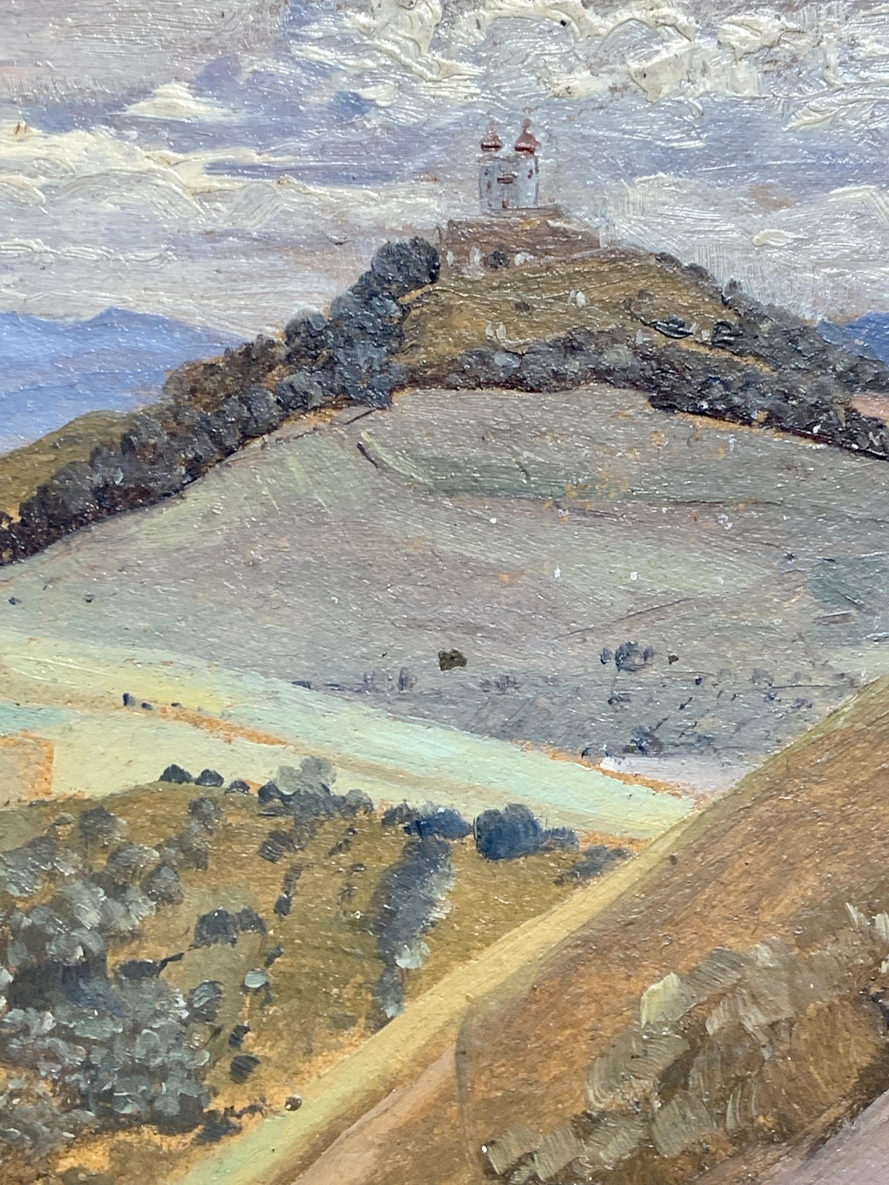 Magnifique paysage autrichien avec une église sur une montagne.

Hermann Reisz Autrichien (1865-1920)Reisz était un peintre autrichien du 19ème siècle très apprécié pour ses paysages, ses genres et ses animaux. Il a étudié à la Kunstgewerbeschule de