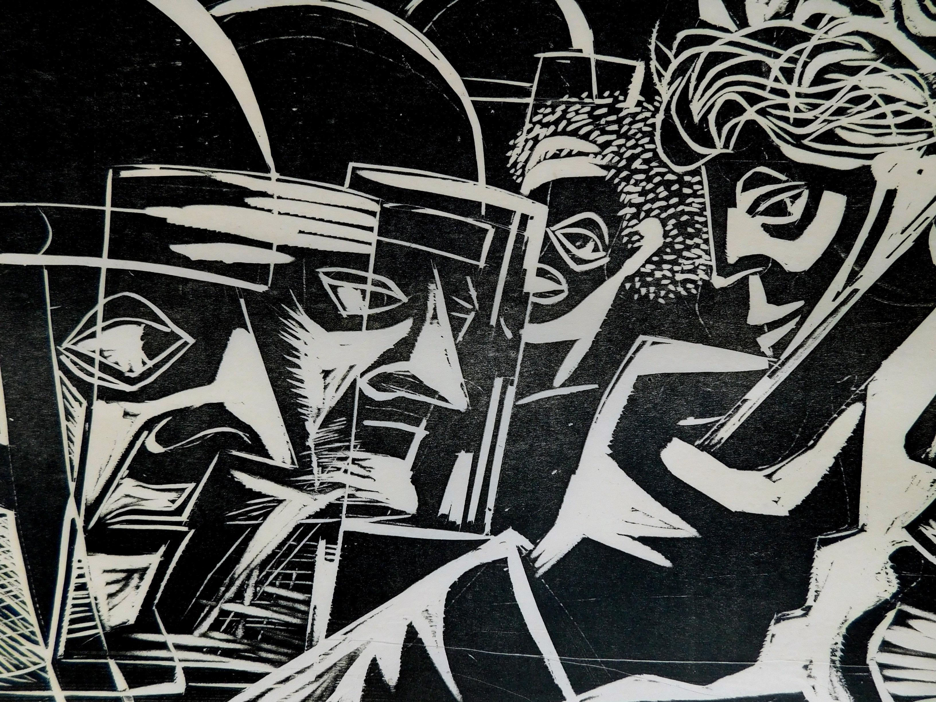 Herman Volz xilografía original, revueltas sociales de los años 60, enfrentamiento - Figurative Print Gris de Herman Roderick Volz