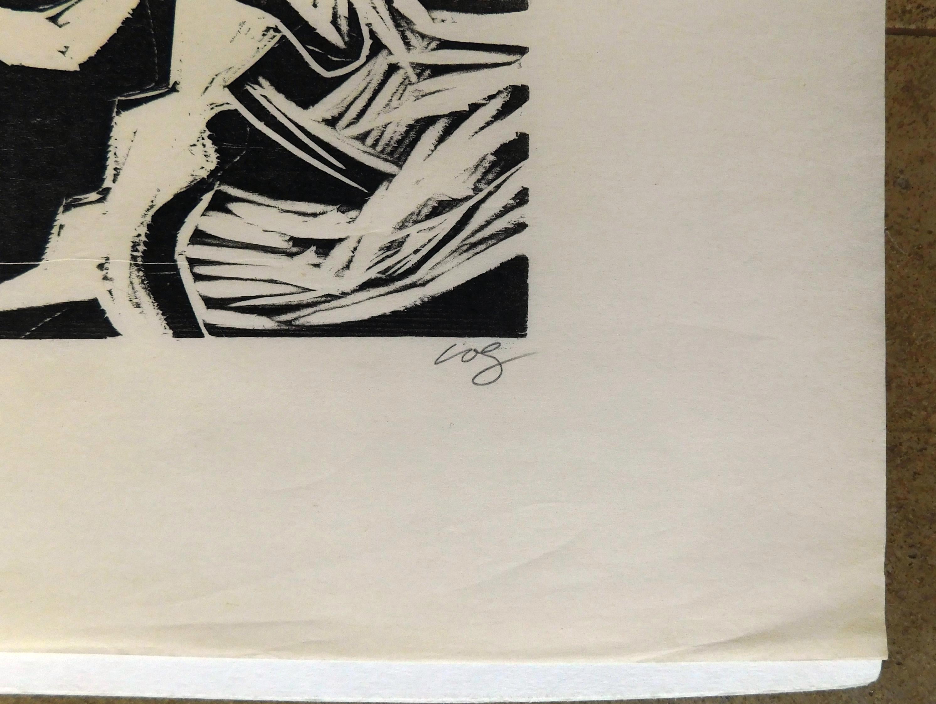 Herman Volz xilografía original, revueltas sociales de los años 60, enfrentamiento en venta 1