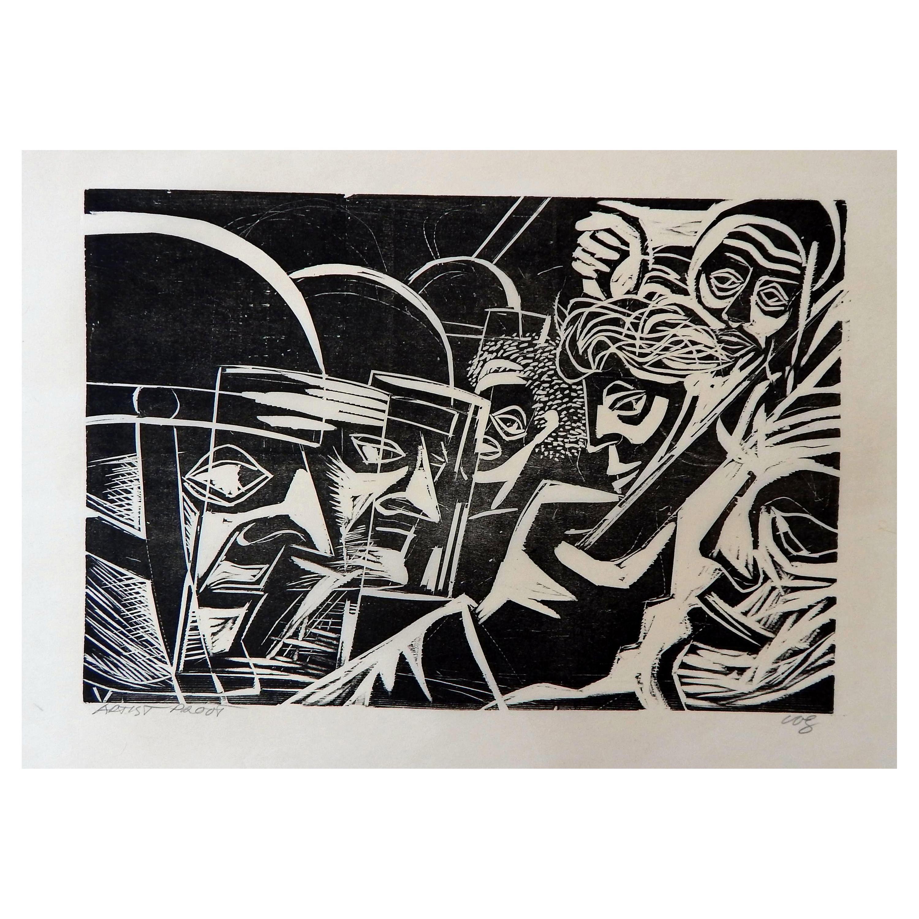 Figurative Print de Herman Roderick Volz - Herman Volz xilografía original, revueltas sociales de los años 60, enfrentamiento