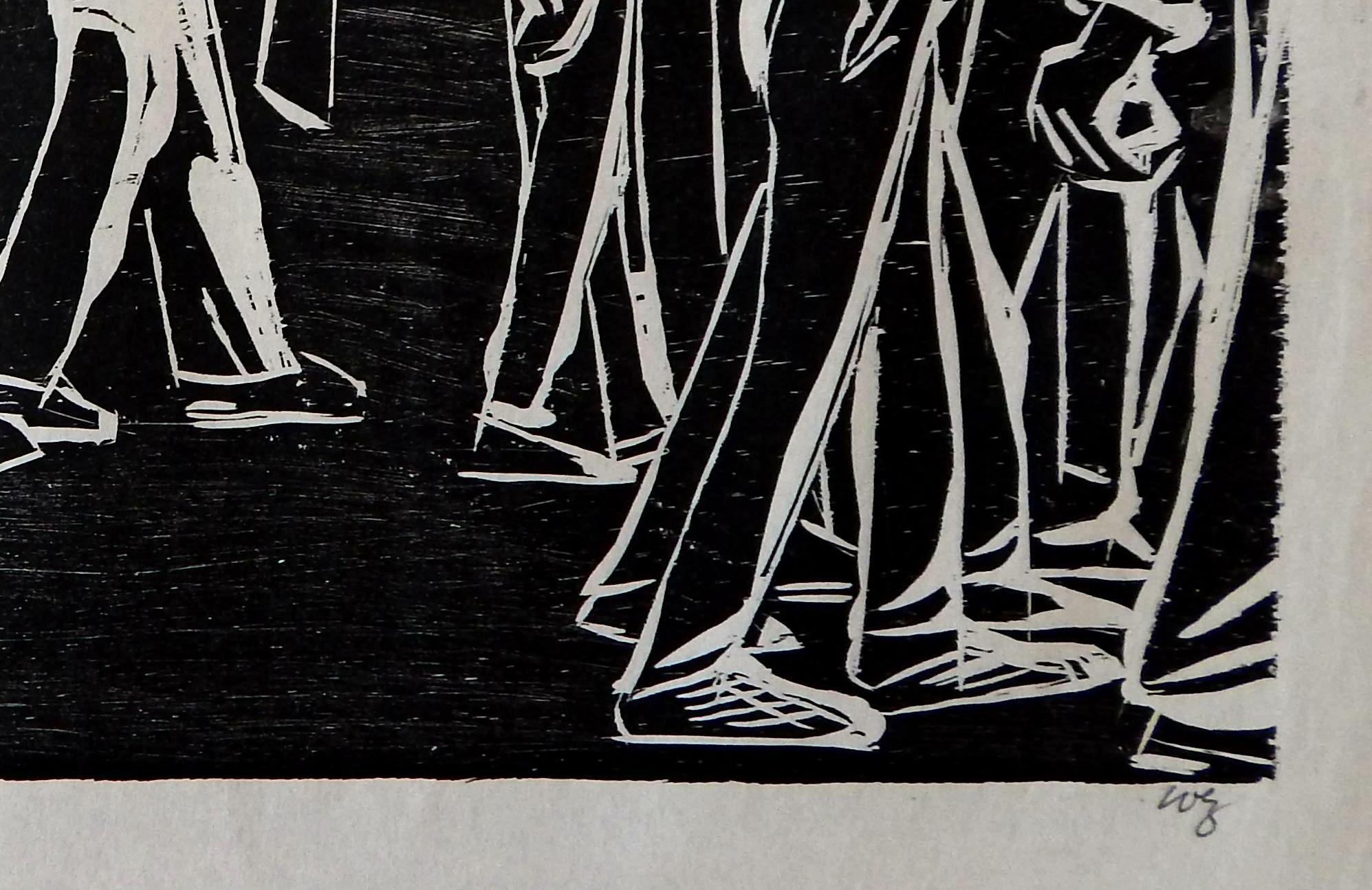 Herman Volz Original Woodcut, Social Unrest of the 1960's, Disbursing the Riot - Black Figurative Print by Herman Roderick Volz