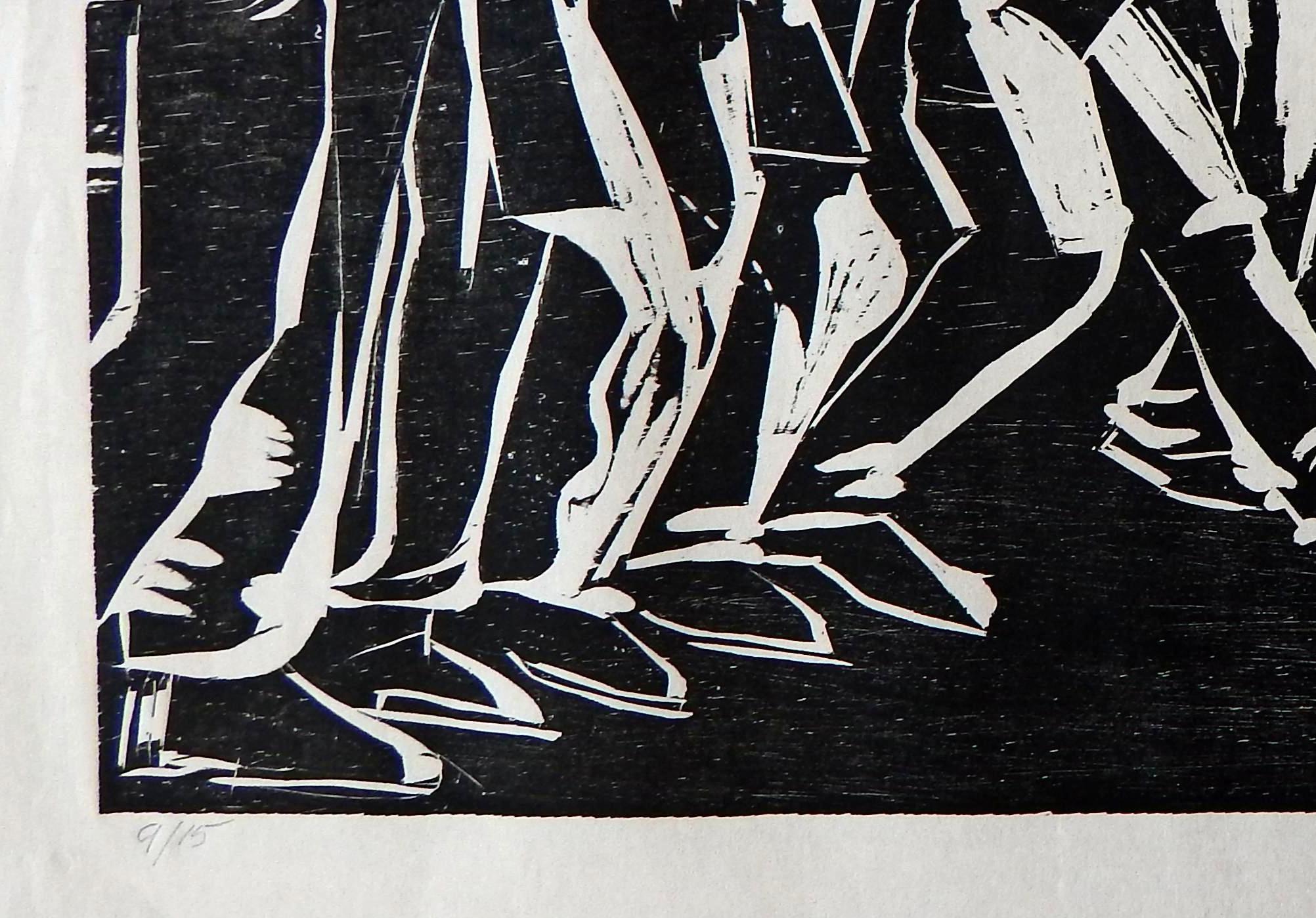 An original woodcut print depicting the social unrest of the 1960s by Herman Roderick Volz. 
Pencil signed by the artist lower right. Image measures 14
