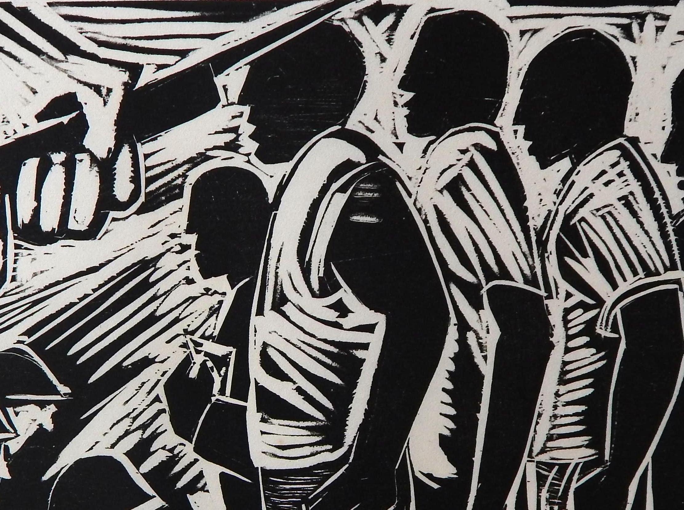 Herman Volz Original Woodcut, Social Unrest of the 1960s, Rioters - Black Figurative Print by Herman Roderick Volz