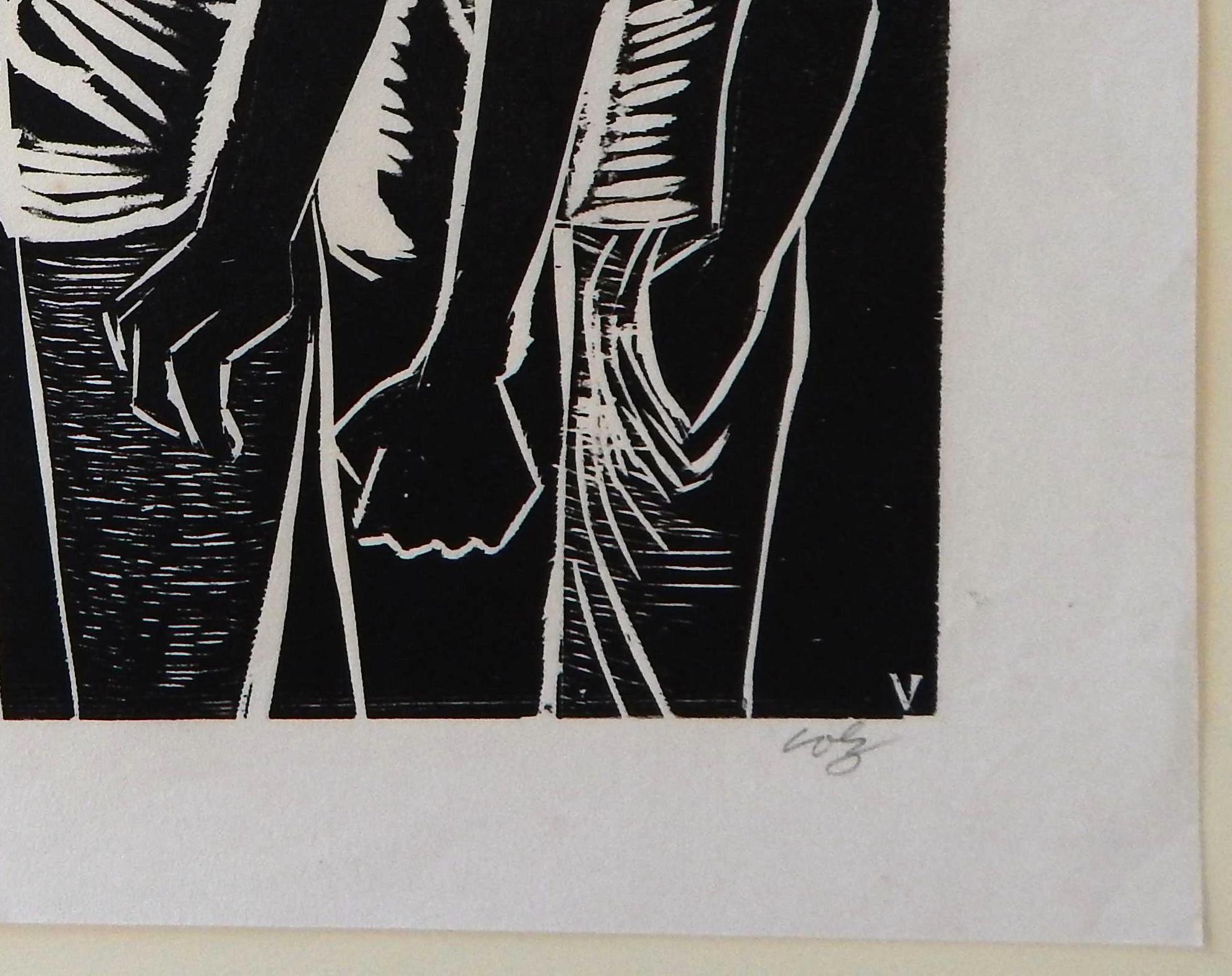An original woodcut print depicting the social unrest of the 1960s by Herman Roderick Volz. 
Pencil signed by the artist lower right. Image measures 11 1/2