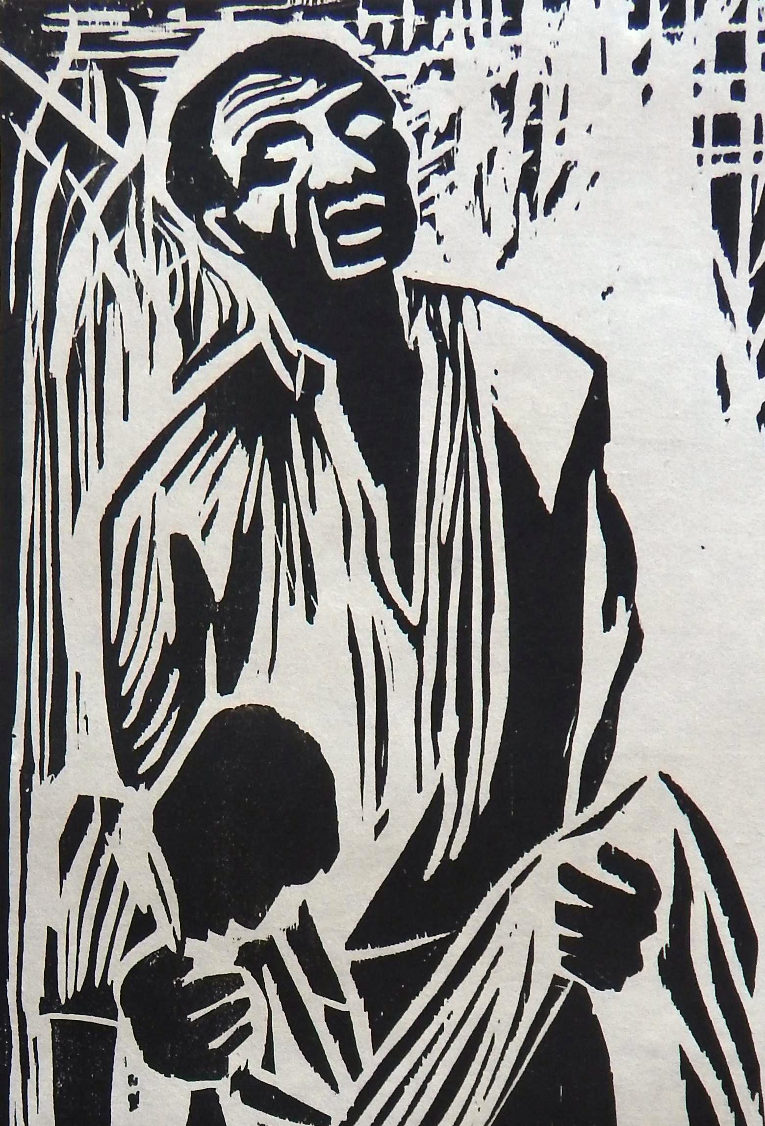An original woodcut print depicting the social unrest of the 1960s by Herman Roderick Volz. 
Pencil signed by the artist lower right. Image measures 24 1/2