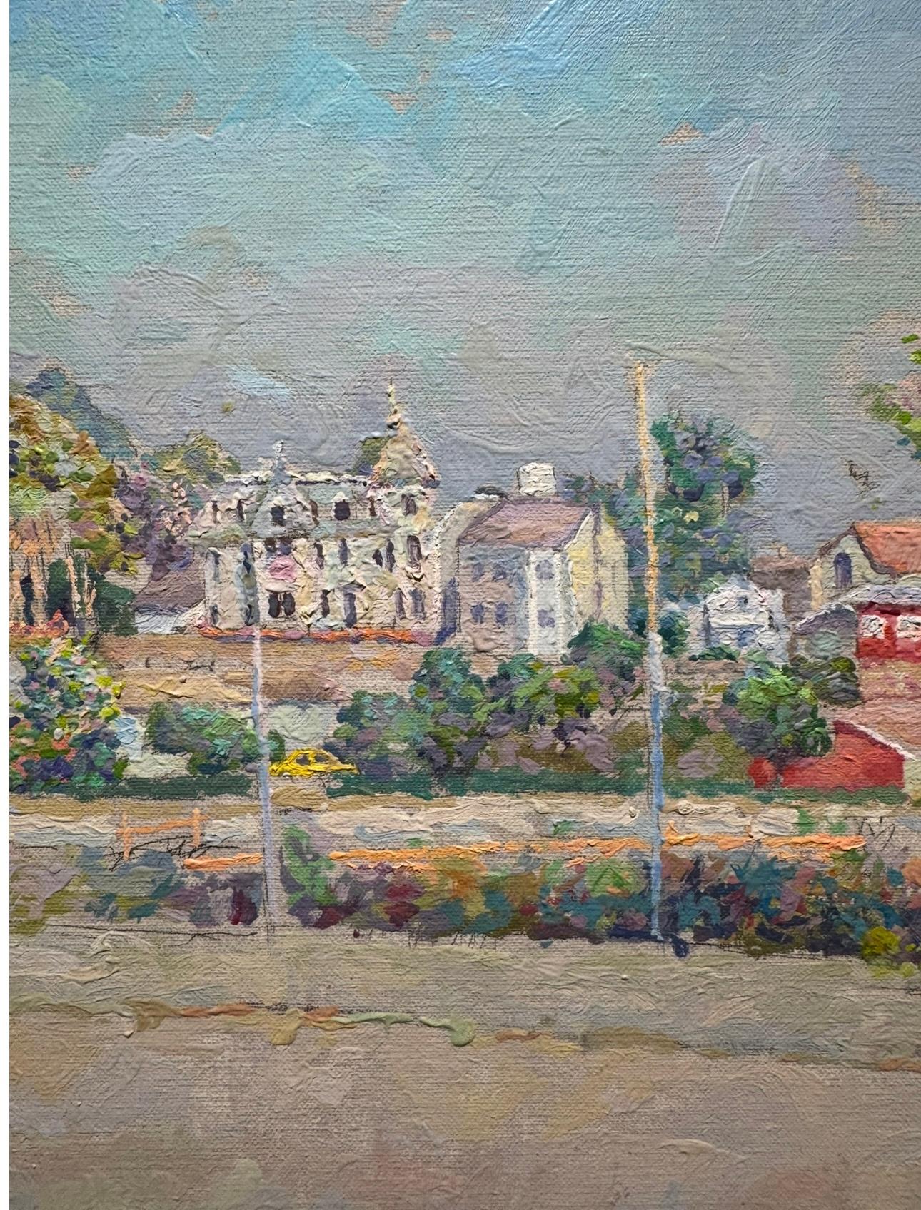 Impressionniste américain Californie OLD SANTA CRUZ Street Scene Railroad Painting - Gris Landscape Painting par Herman Rose 