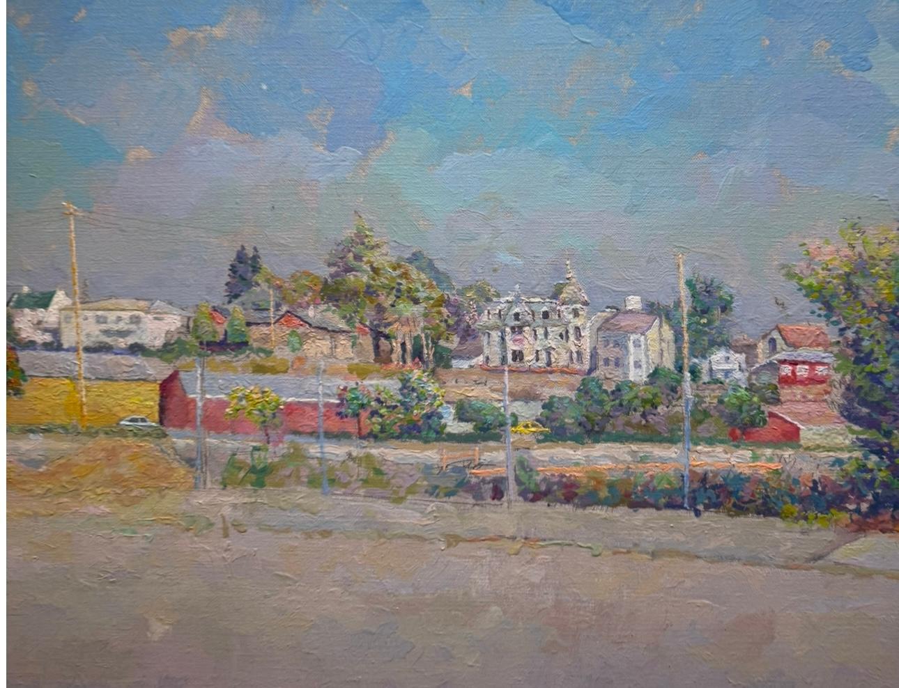 Impressionniste américain Californie OLD SANTA CRUZ Street Scene Railroad Painting en vente 3
