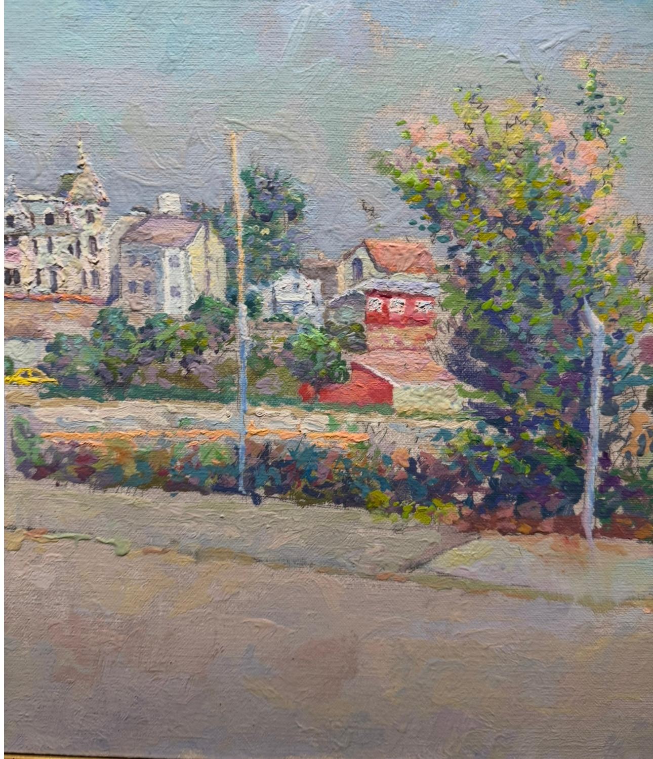 Impressionniste américain Californie OLD SANTA CRUZ Street Scene Railroad Painting en vente 4