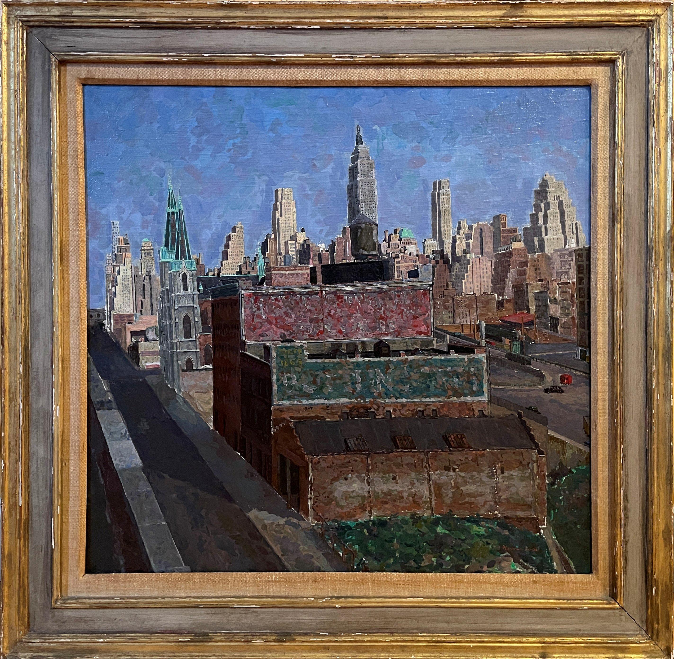« Manhattan Looking East », Herman Rose, vue de la ville de New York depuis le centre-ville par le WPA - Painting de Herman Rose 